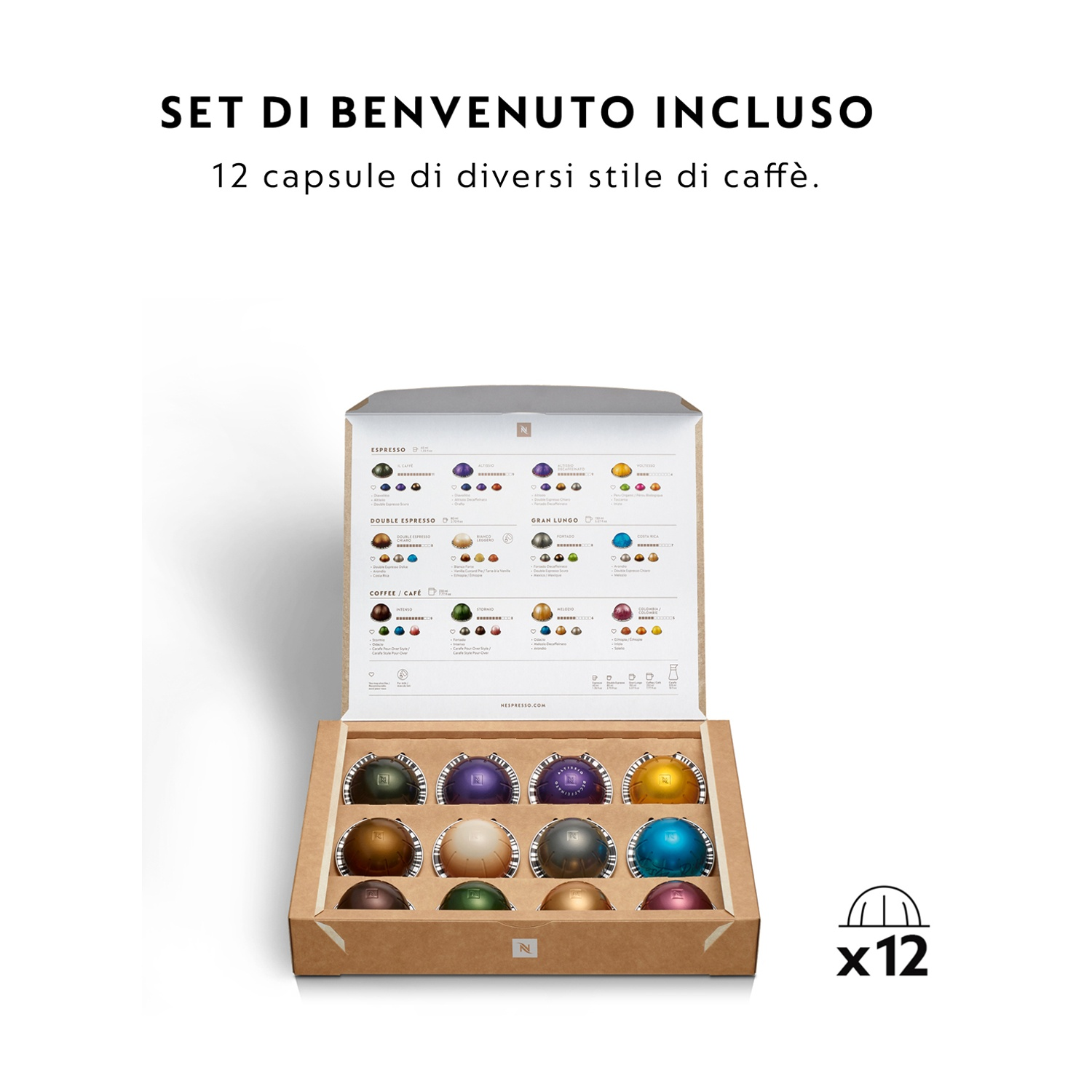 Una scatola di capsule di caffè Nespresso con dodici capsule di vari colori, una scatola con informazioni.