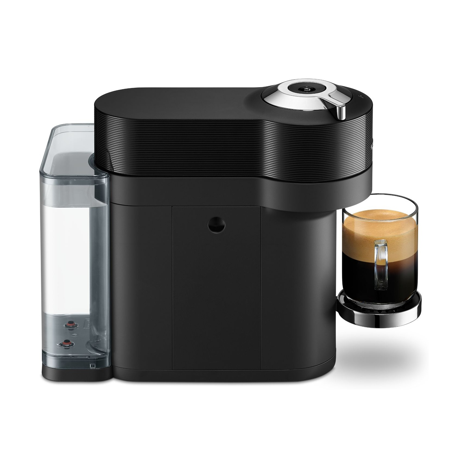 Macchina da caffè Nespresso nera con un bicchiere di caffè su una piattaforma e un serbatoio d'acqua.