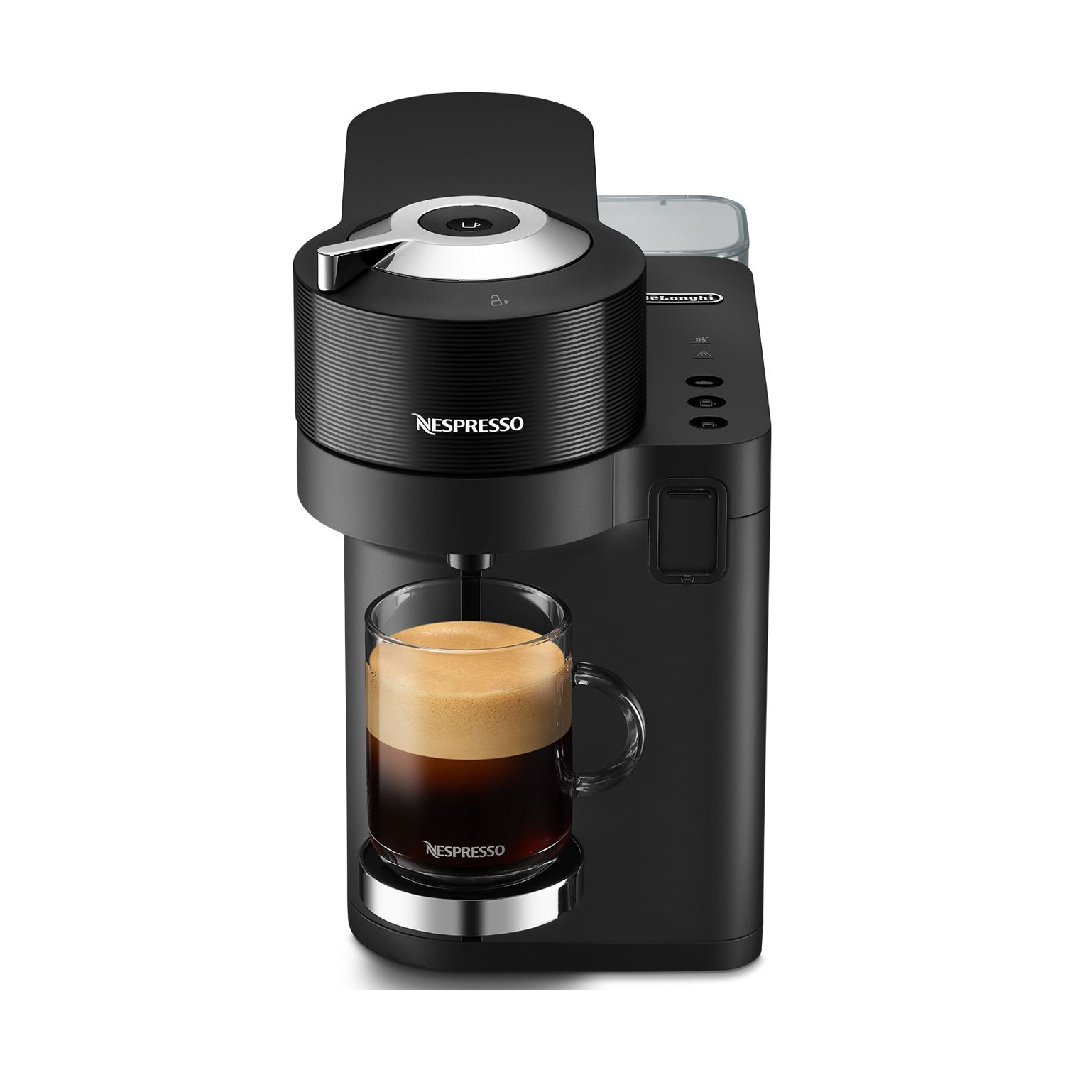 Una macchina da caffè Nespresso nera con una tazza piena di caffè.