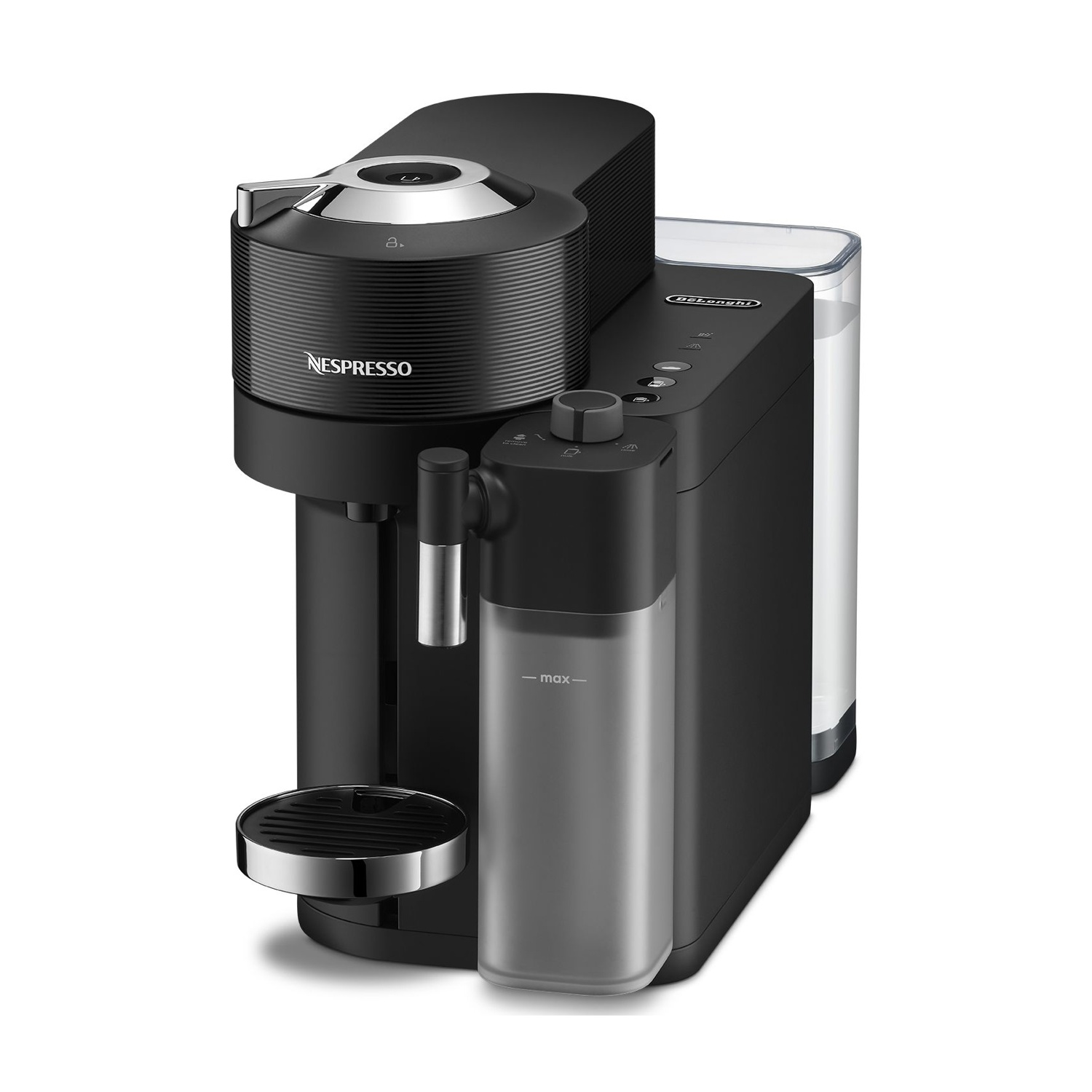 Una macchina da caffè Nespresso nera con un serbatoio dell'acqua e un supporto per tazze. Nero con accenti argentati.