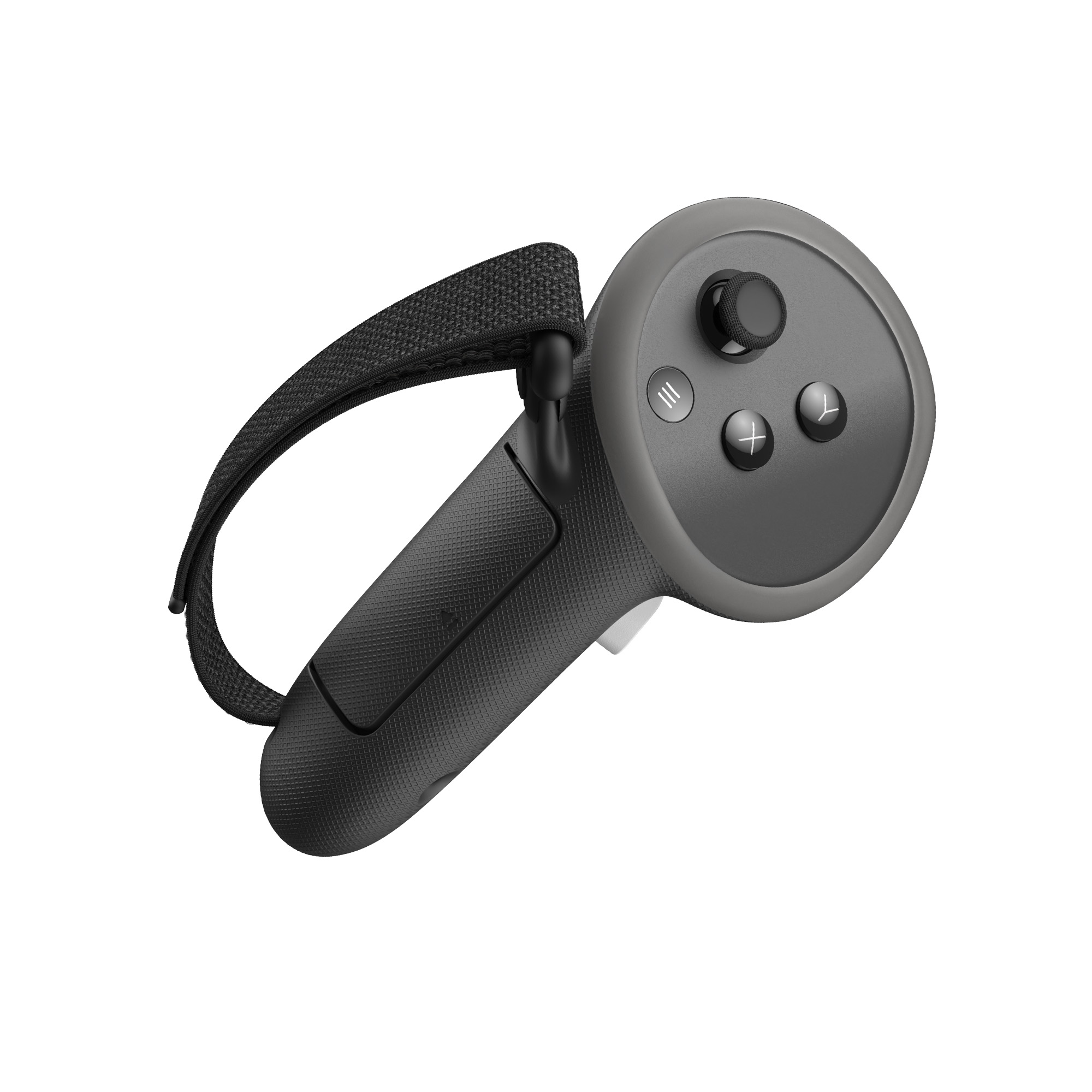 VR-Controller. Schwarz und grau, mit Knöpfen und einem Riemen.