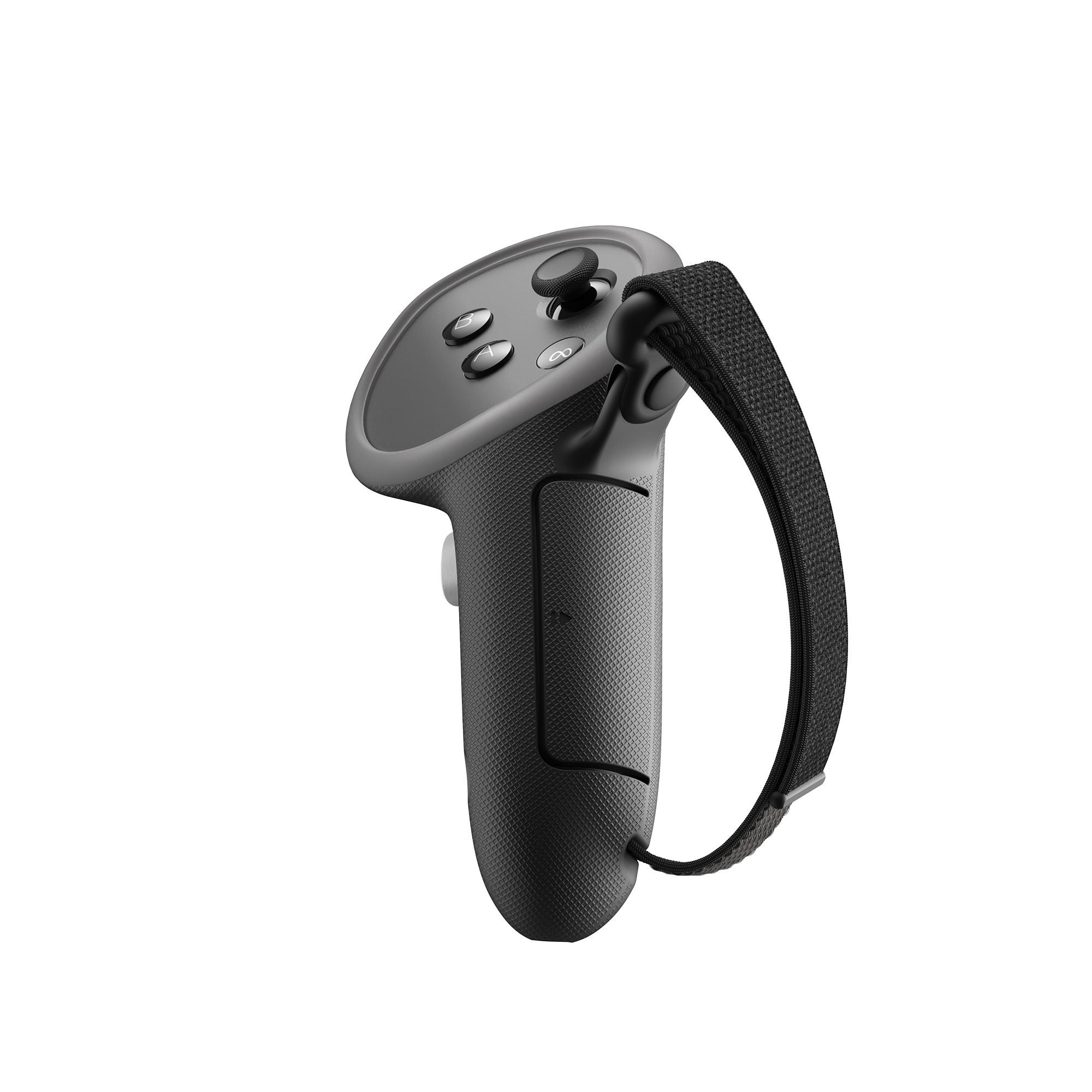 Schwarzer VR-Controller mit Riemen und Knöpfen, freigestellt.