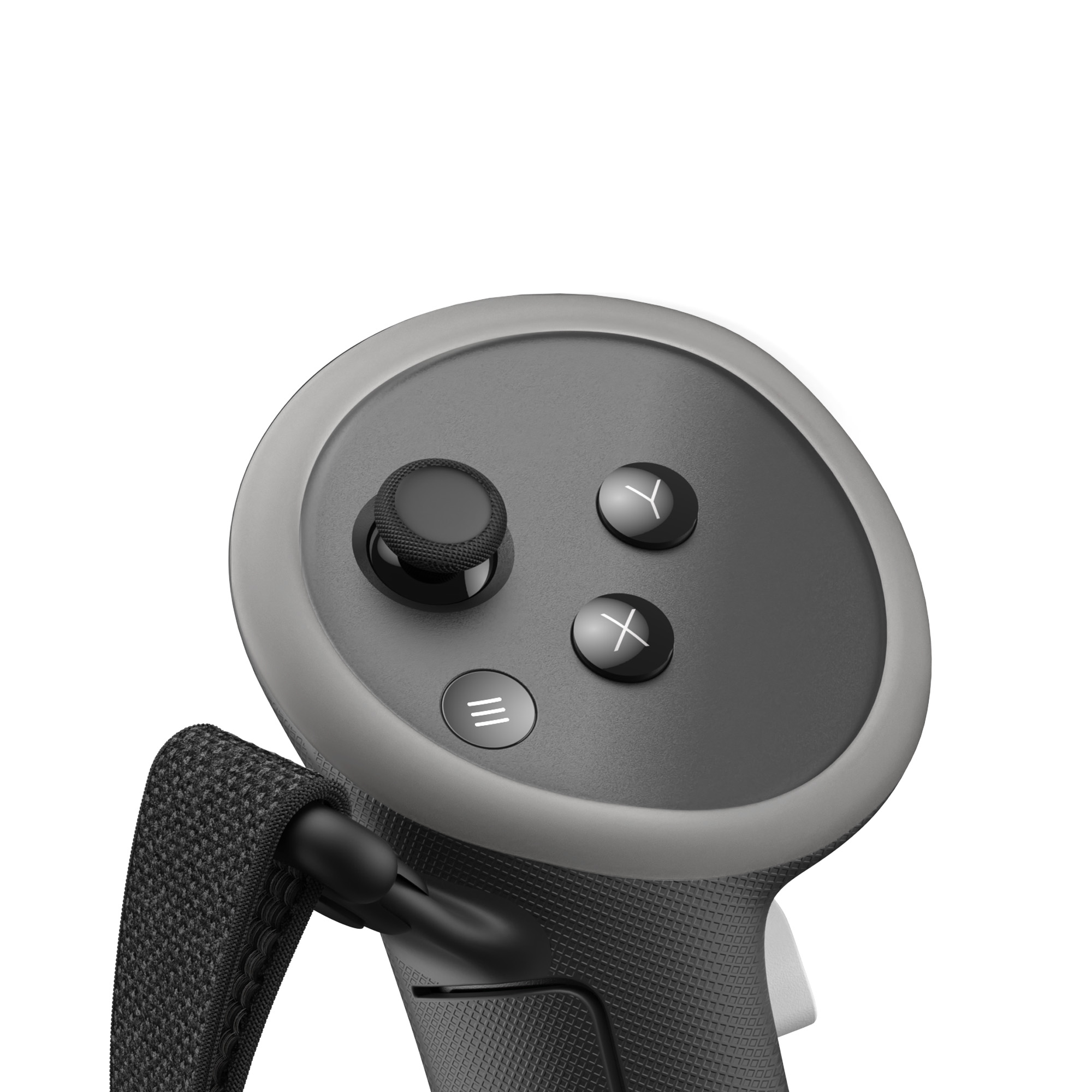 Nahaufnahme eines VR-Controllers mit Joystick und Tasten. Er ist grau und schwarz mit einem Riemen.