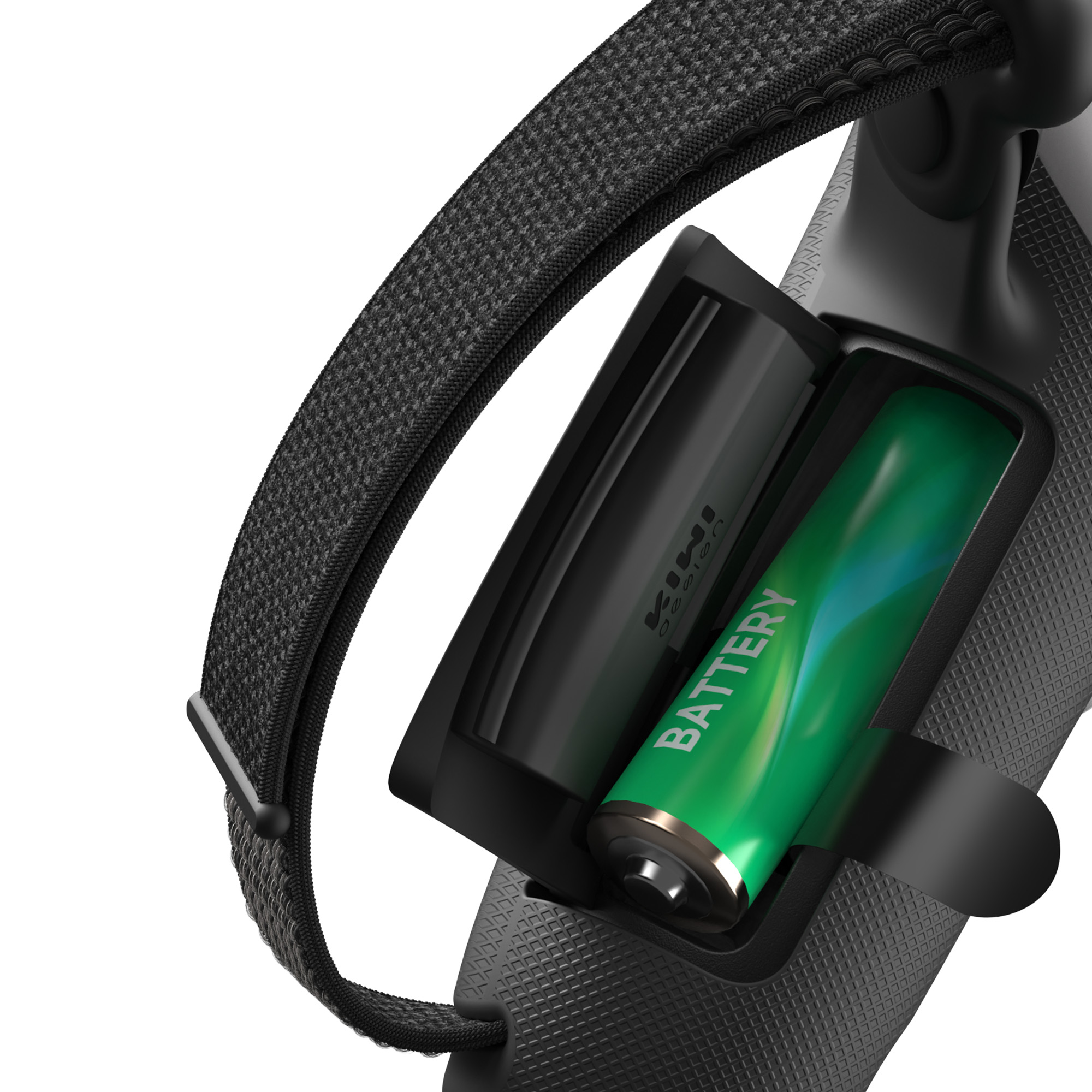 Nahaufnahme eines Controller-Griffs mit geöffnetem Batteriefach. Eine grüne Batterie ist sichtbar.