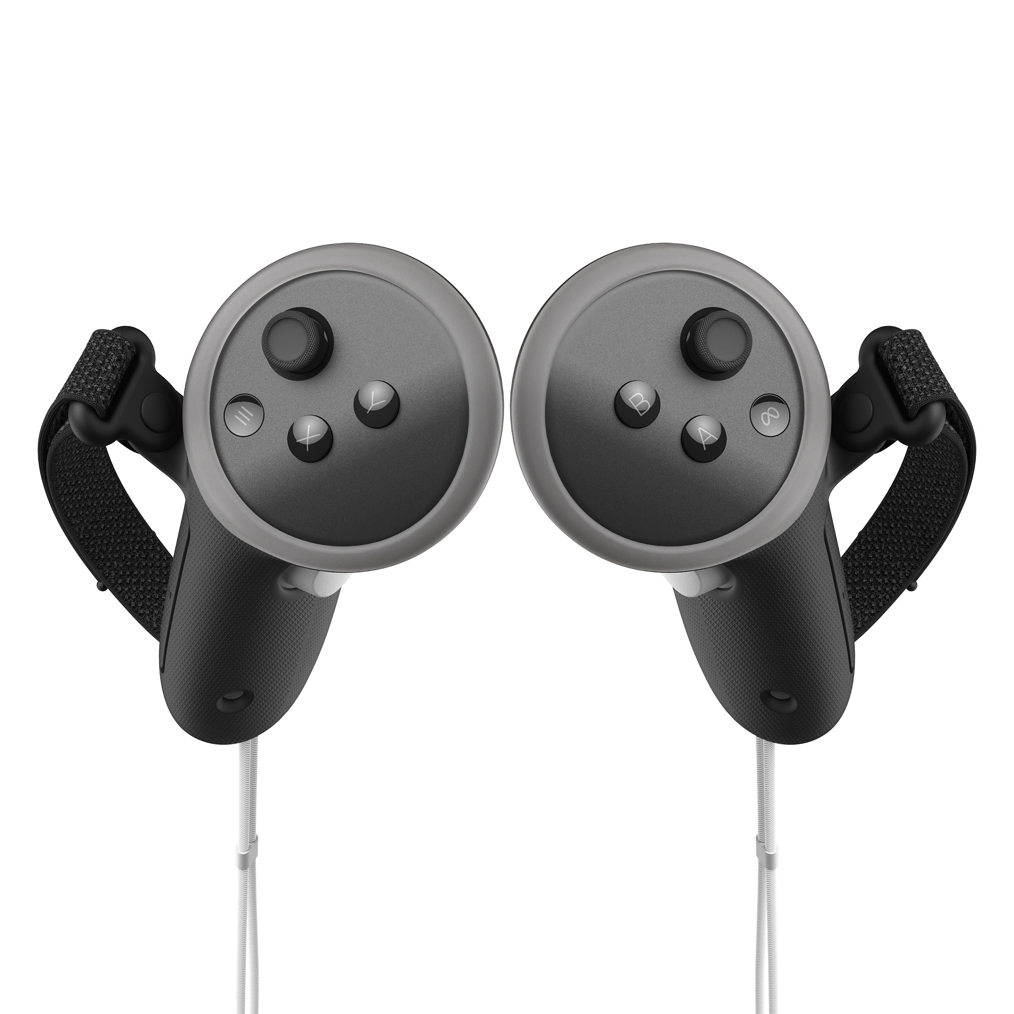 Zwei graue VR-Controller, jeweils mit Tastenanordnung und Handschlaufe. Auf weißem Hintergrund.