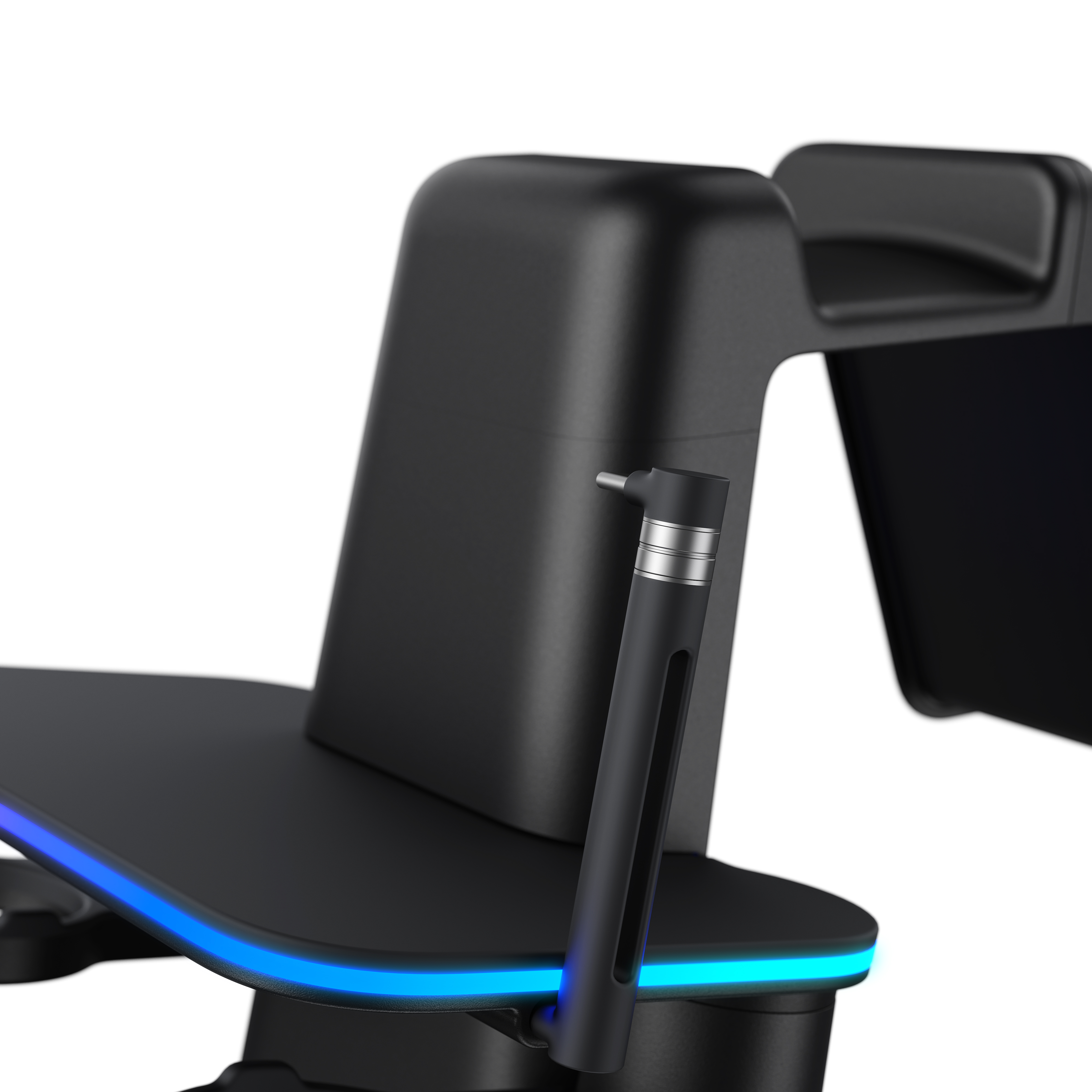 Schwarzer Gaming-Stuhlrücken mit silbernem Arm und blauem Licht.