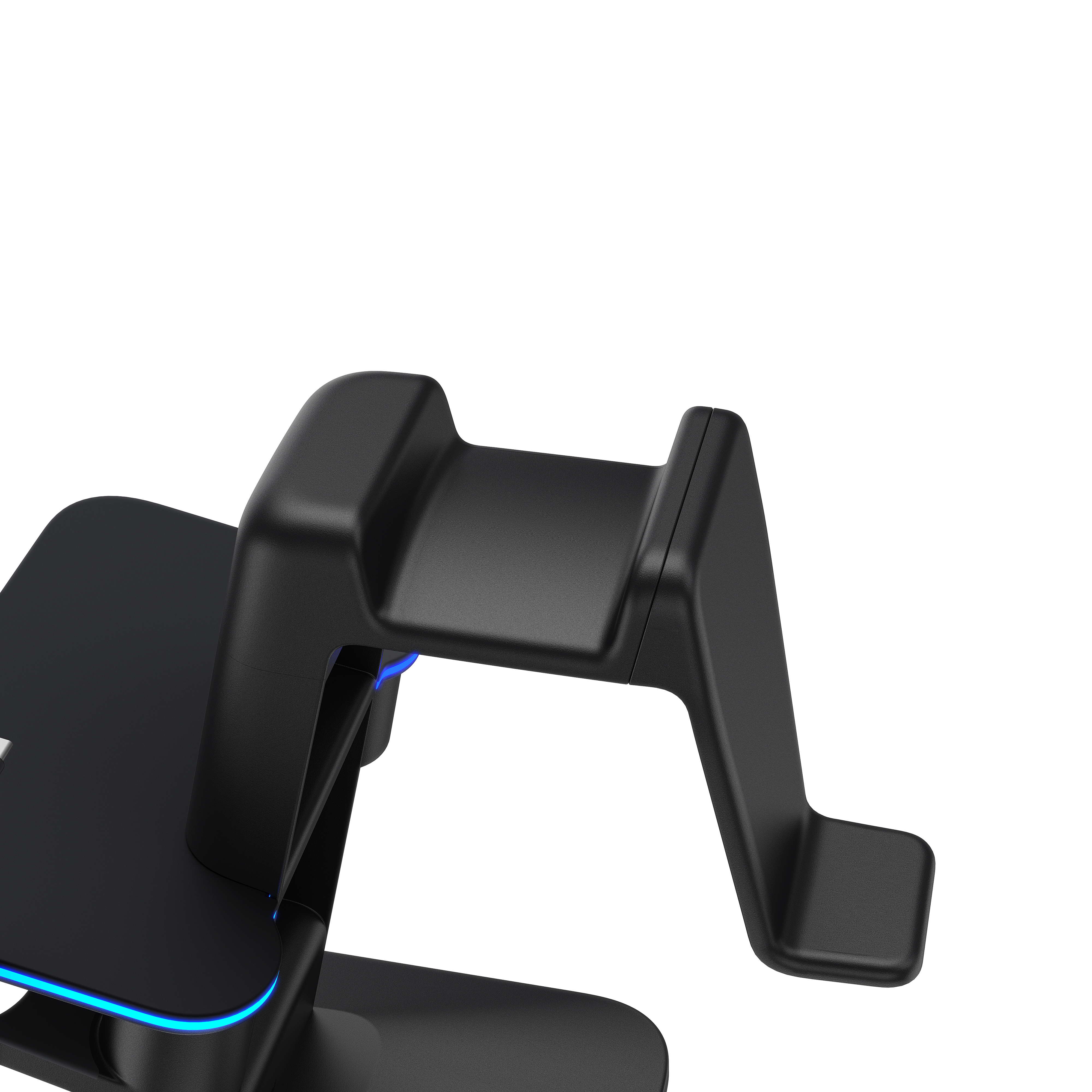 Schwarzer Gaming-Controller-Ständer, Nahaufnahme. Blaue Lichtdetails. Weißer Hintergrund.