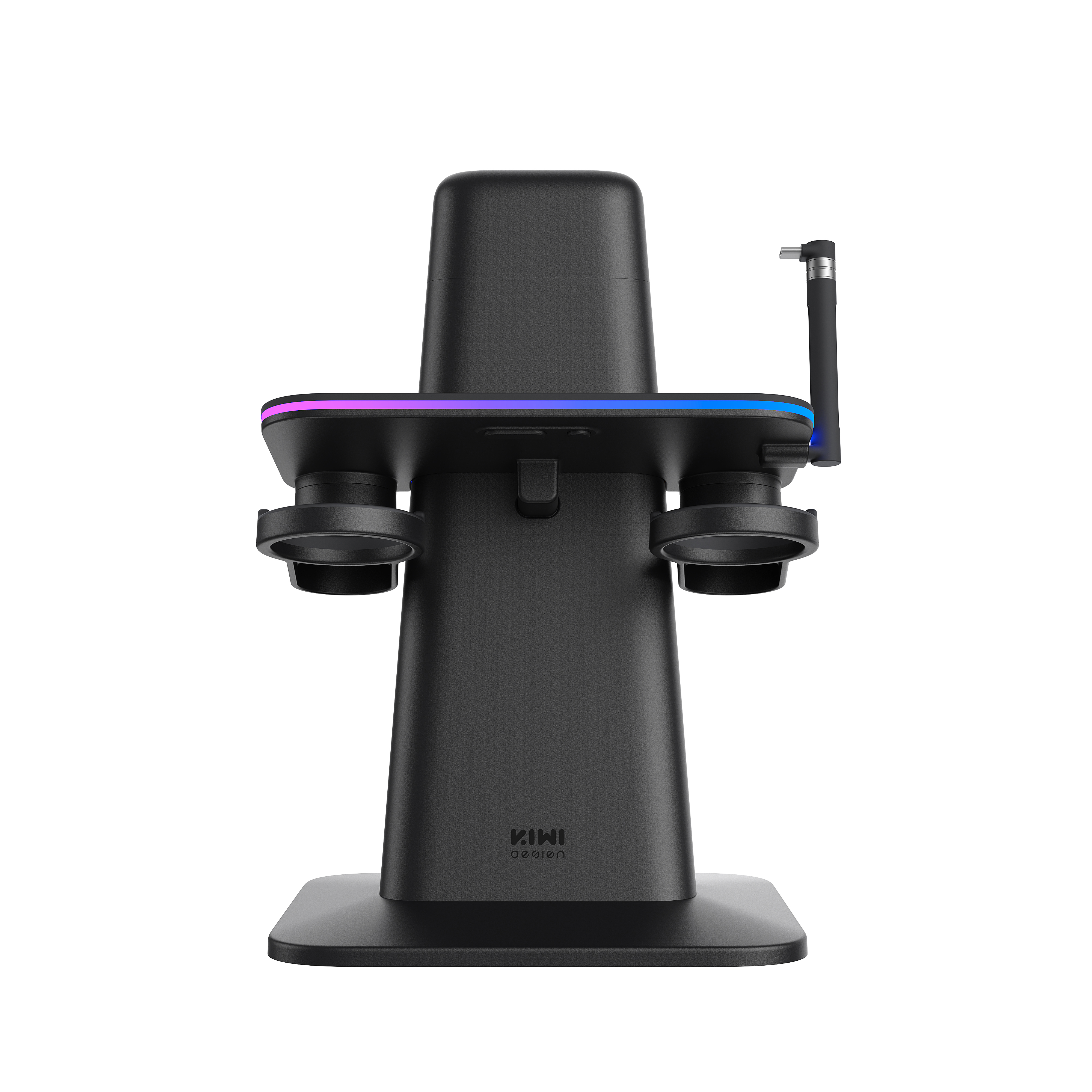 Schwarzer Kiwi Design VR-Headset-Ständer mit zwei Getränkehaltern, einer Ladeplattform und einem Griff auf der rechten Seite.