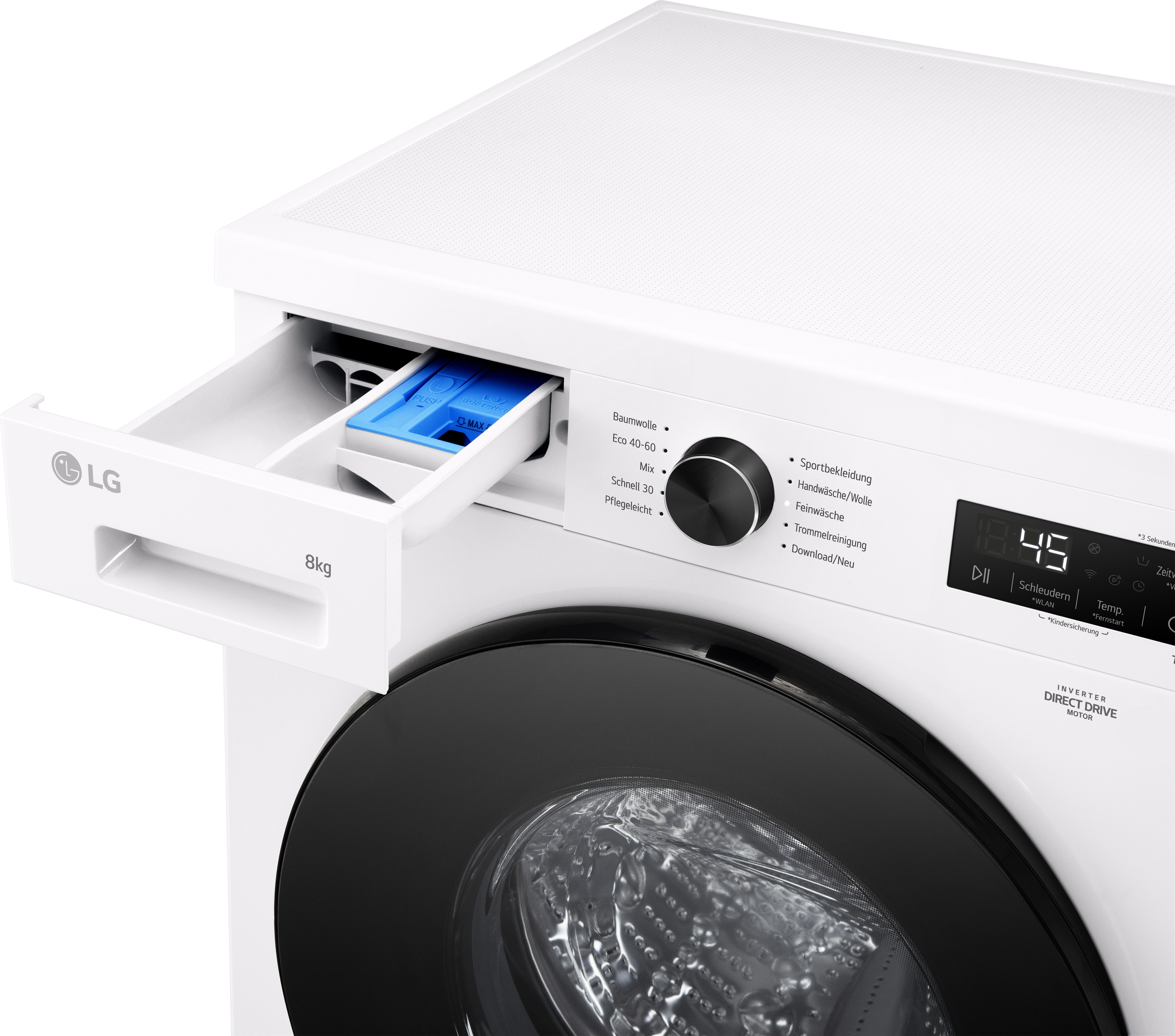 Weiße LG Waschmaschine mit geöffneter Schublade. Blauer Waschmittelbehälter sichtbar.