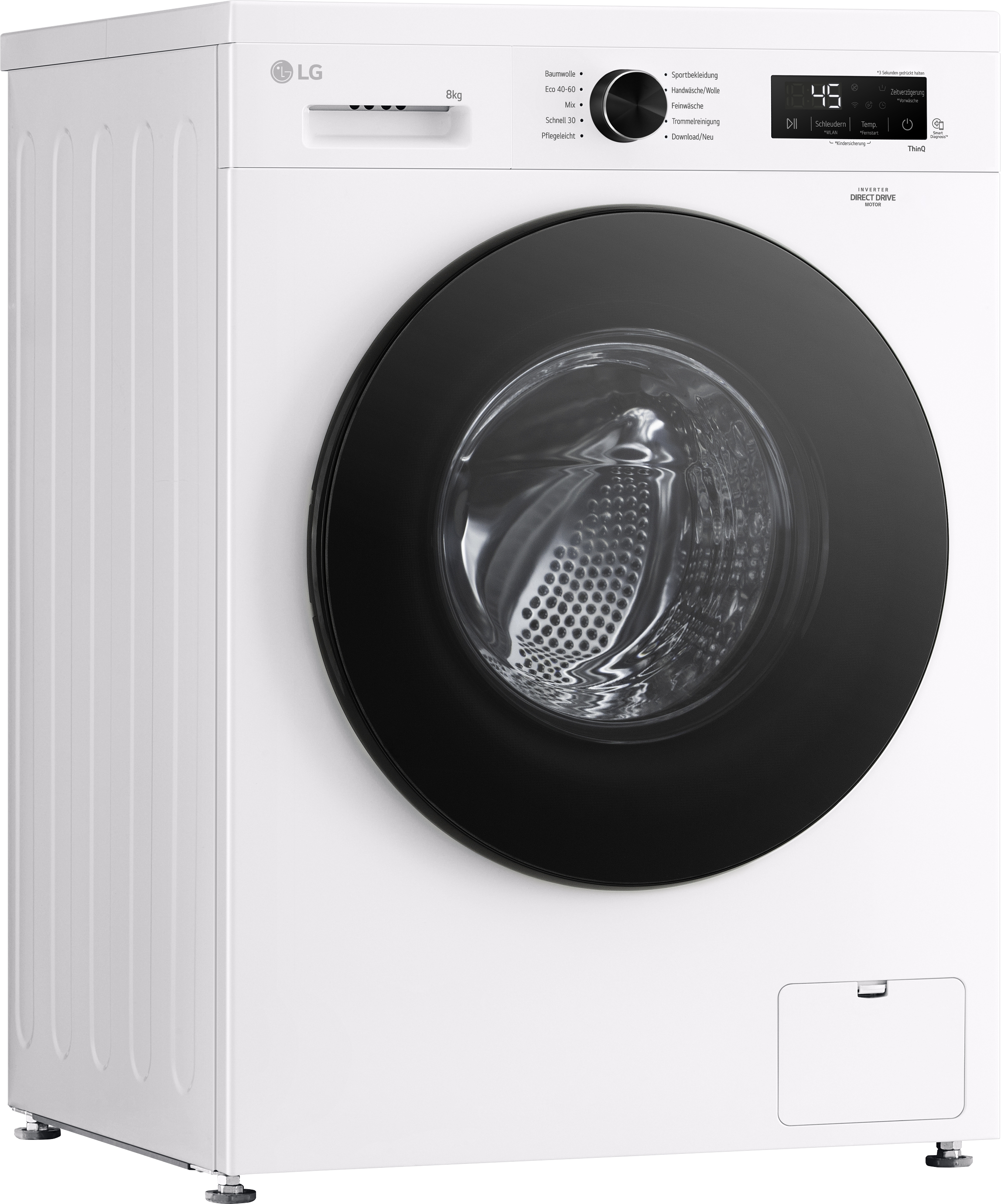 Eine weiße Waschmaschine mit schwarzer Tür und Bedienfeld. Sie hat ein Display und das LG-Logo.