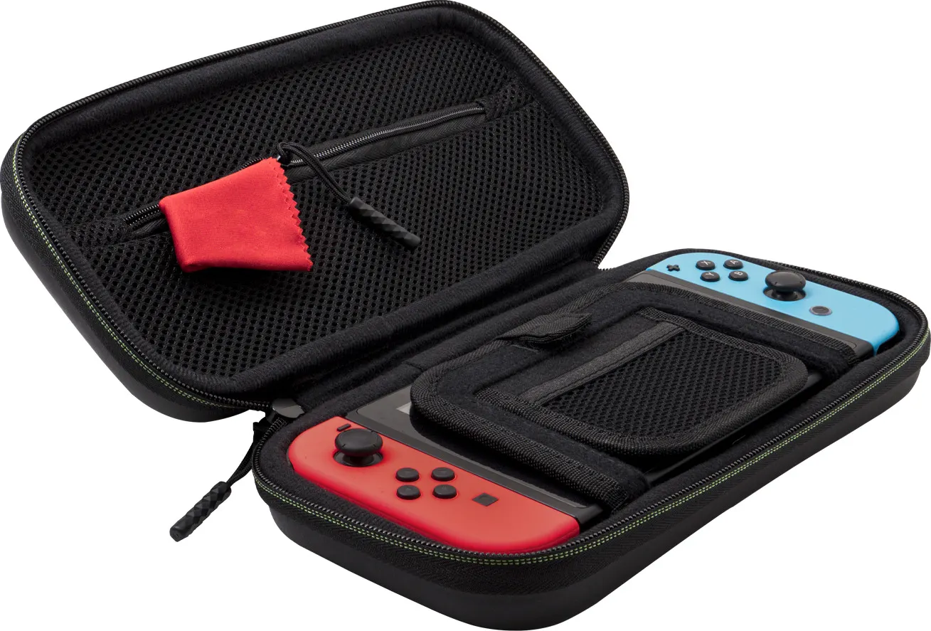 Custodia nera con pochette rossa e controller di gioco blu/rossi all'interno.
