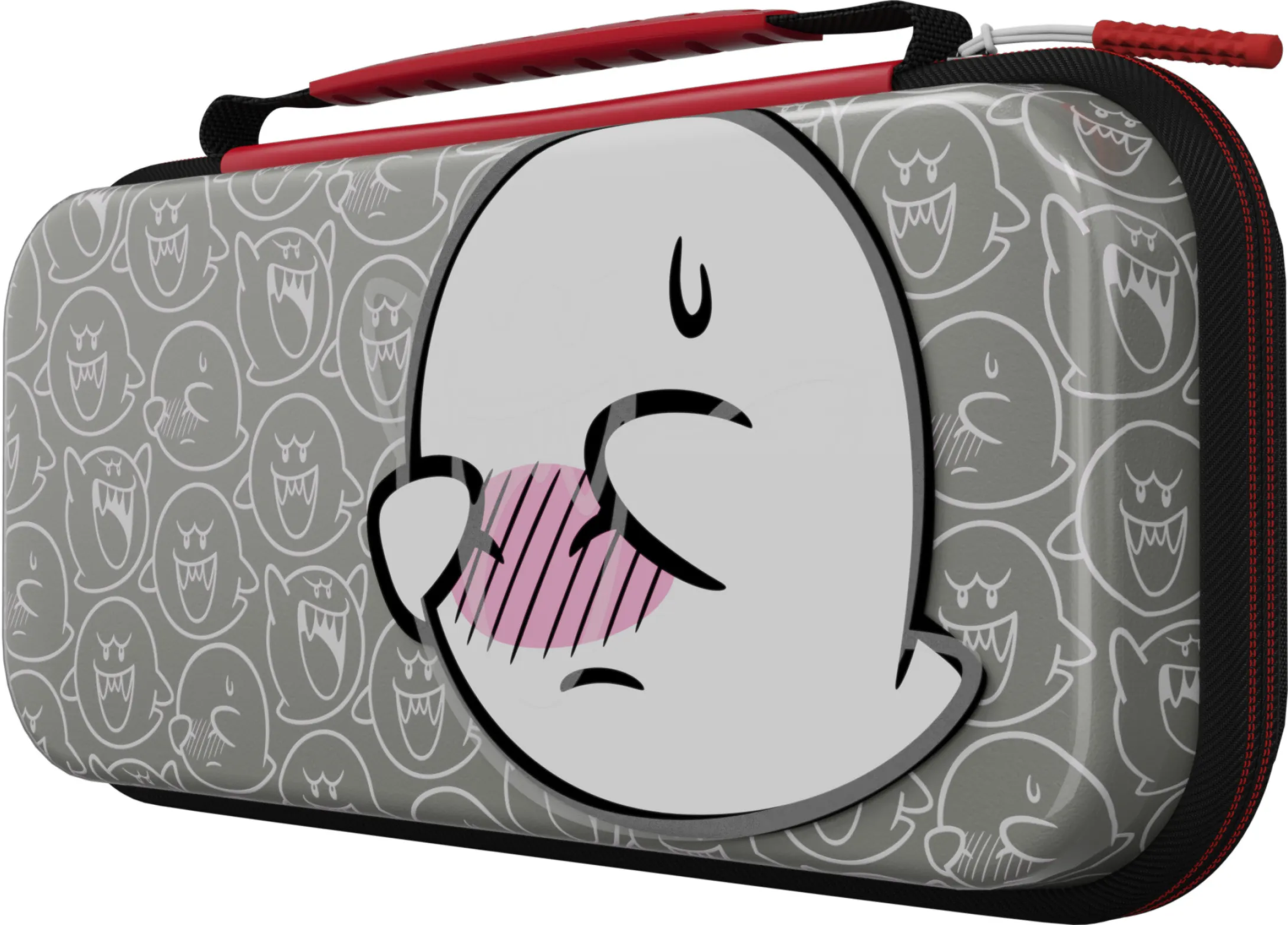 Custodia per Nintendo Switch, grigia con design Boo e manico rosso. Sfondo bianco.