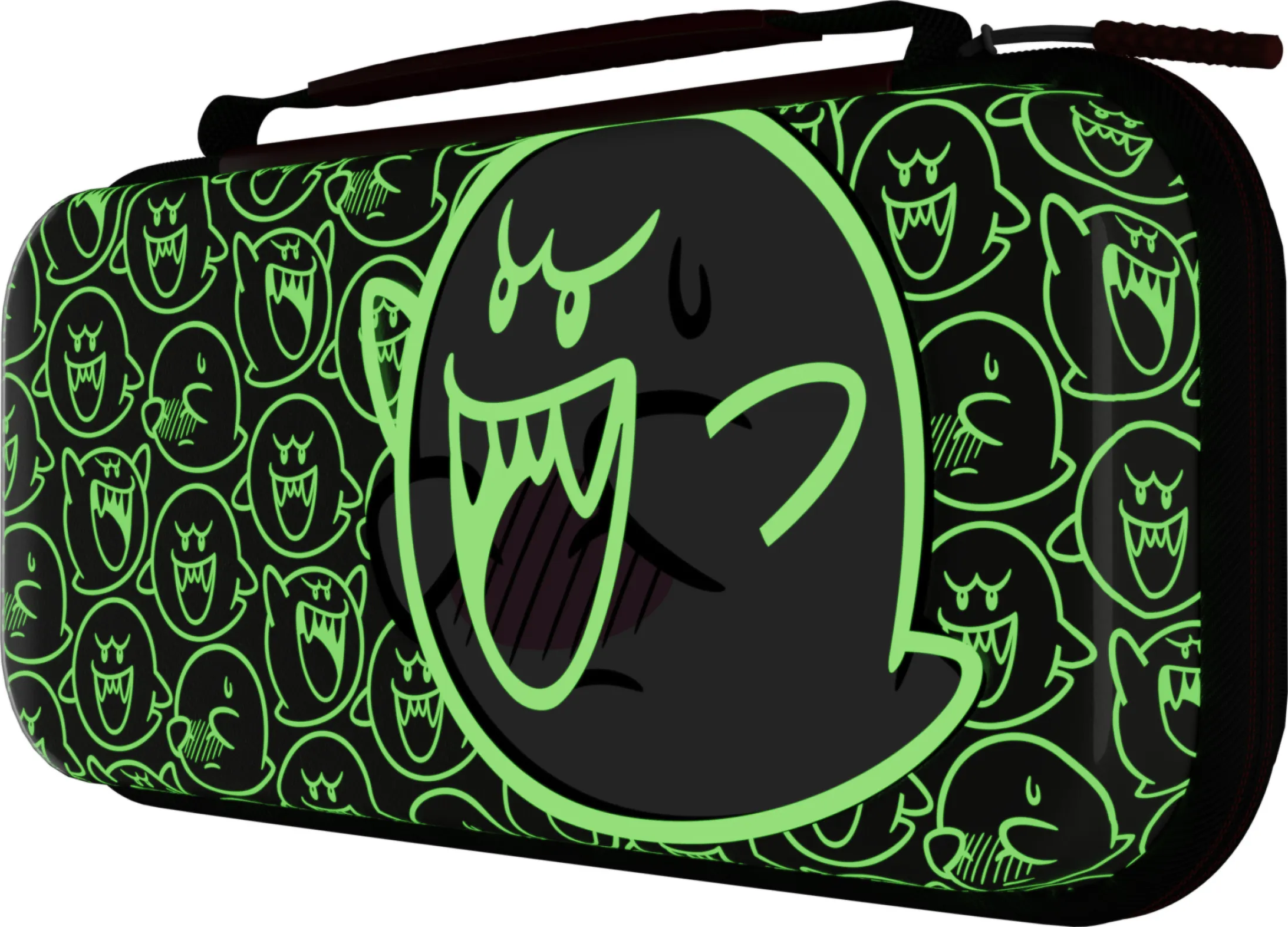 Una custodia nera per Nintendo Switch coperta da fantasmi Boo verdi. La custodia è chiusa.