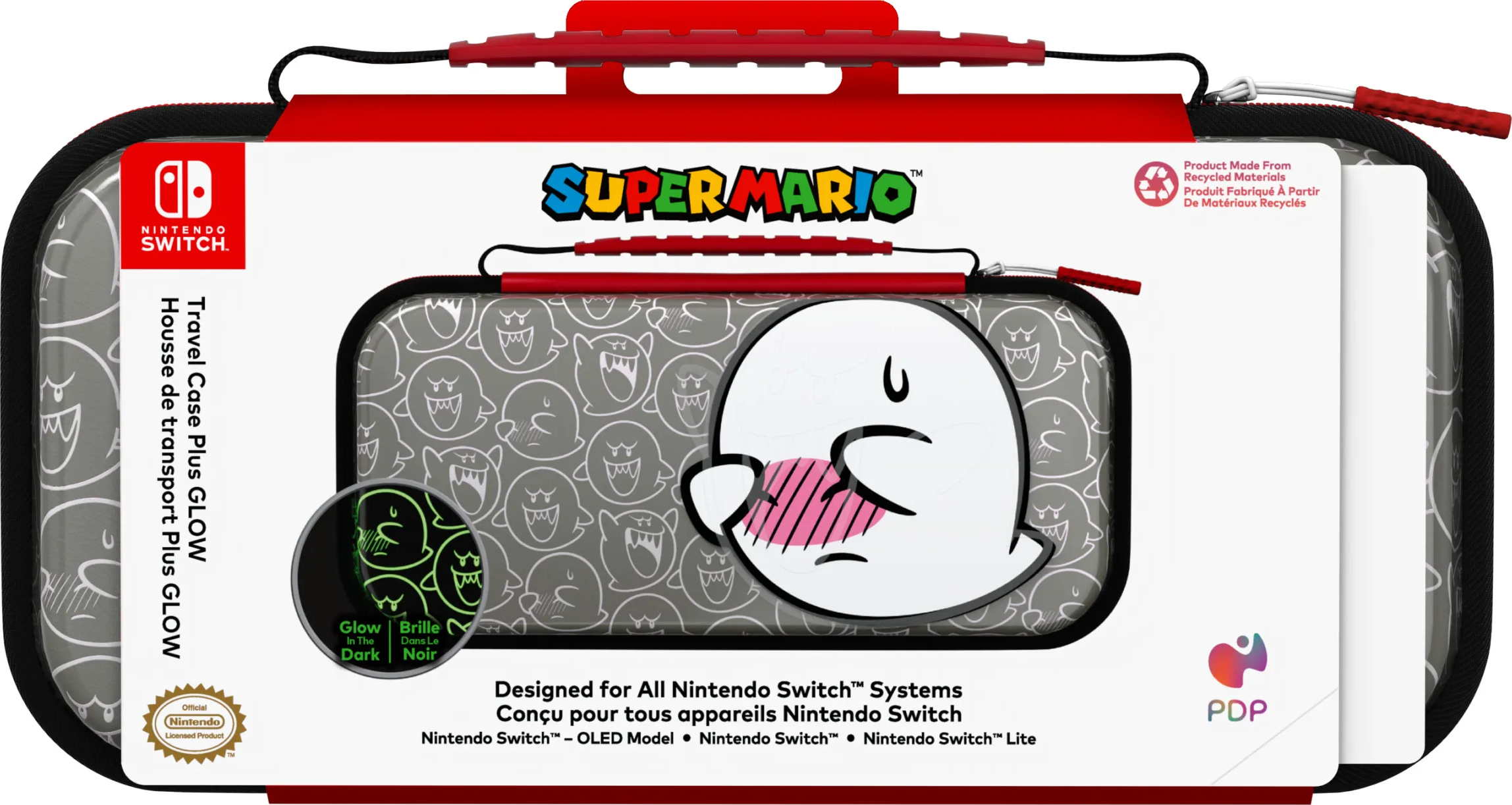 Custodia da viaggio Super Mario Switch, con un design a fantasma. Manico e cerniera rossi. Si illumina.