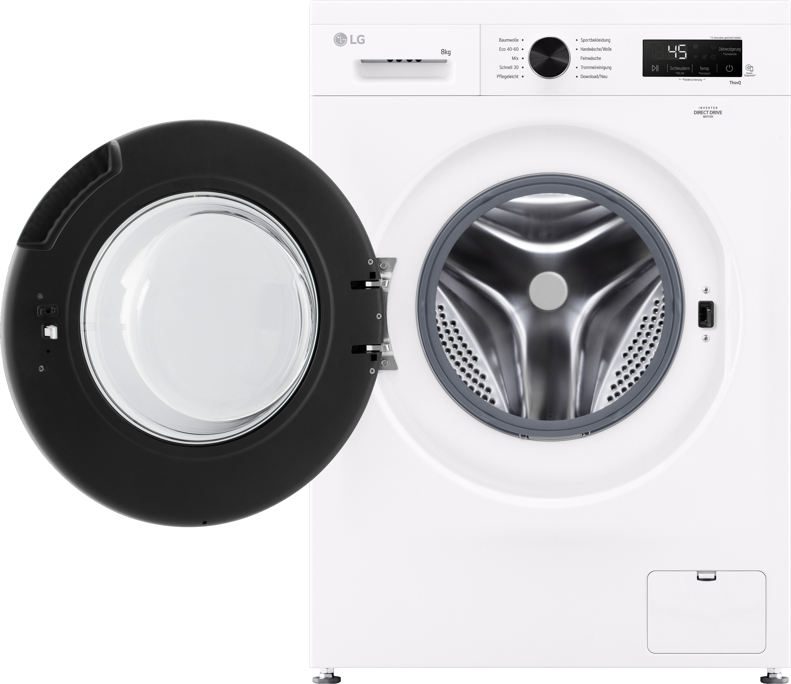 Weiße LG Waschmaschine. Tür offen, Trommel sichtbar. Bedienfeld mit Knöpfen und Display.