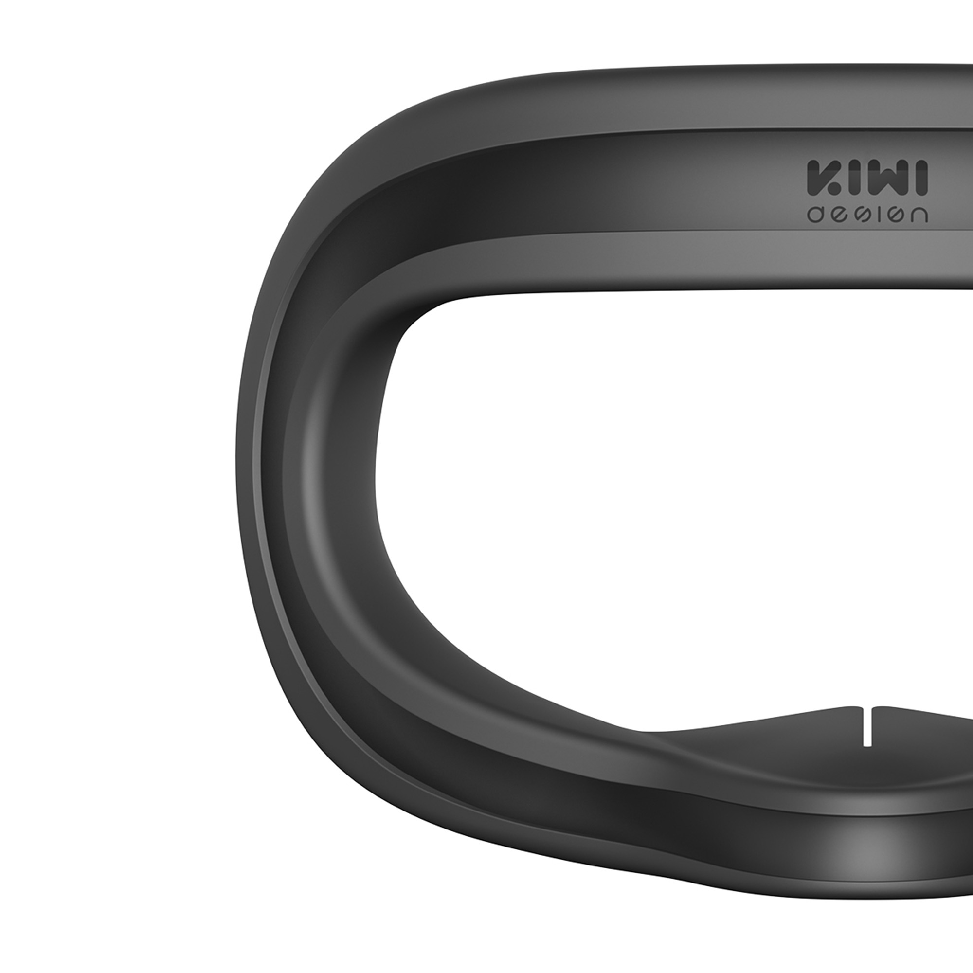 Schwarzer VR-Headset-Rahmen. Gebogenes Design. KIWI Design Logo. Teil eines VR-Headsets.