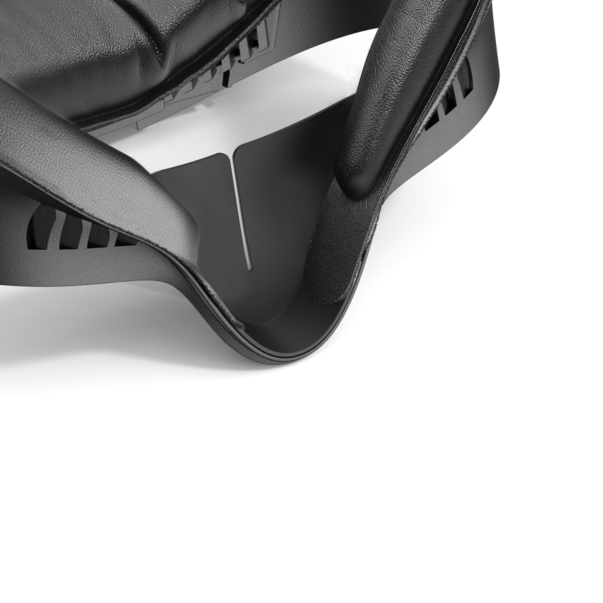 Schwarzer VR-Headset-Rahmen. Es hat ein geschwungenes Design mit weicher Polsterung für Augen und Kopf, auf weißem Hintergrund.