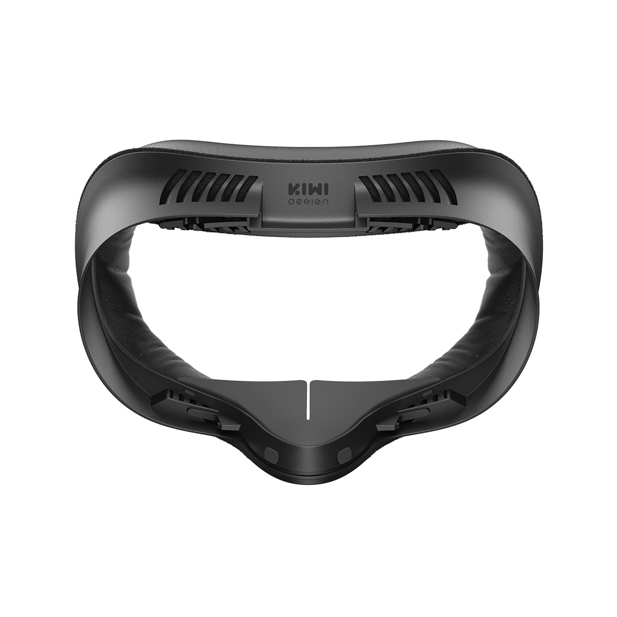 Schwarze VR-Headset-Gesichtsschnittstelle. Es ist ein gebogenes Stück mit KIWI Logo.
