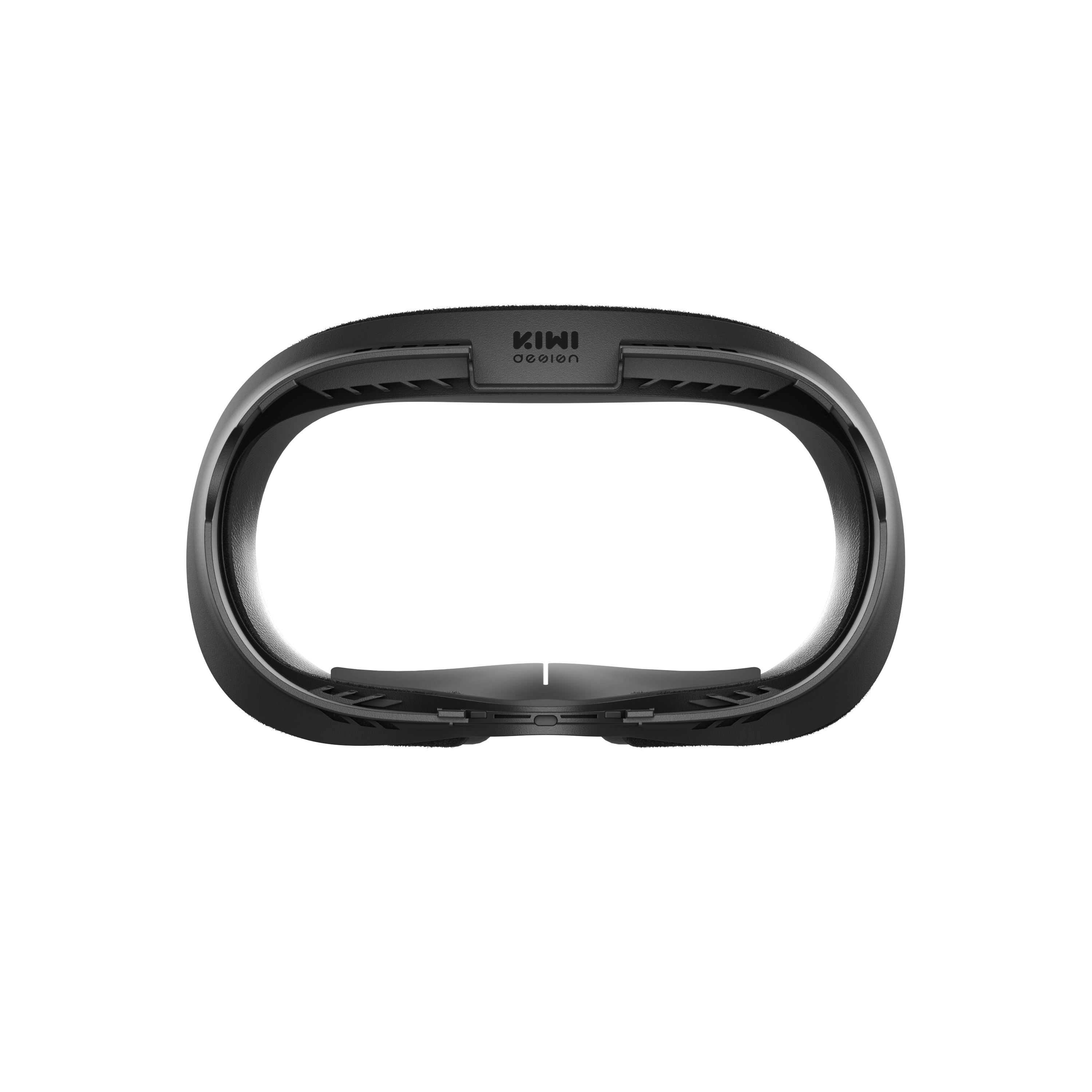 Schwarzer KIWI Design VR-Kopfriemen. Ovale Form mit Markennamen oben.
