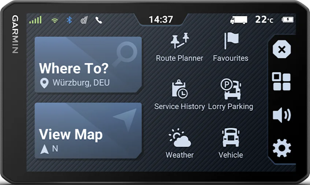 Schermo del dispositivo GPS Garmin. Mostra Dove ?, Pianificatore di percorsi, Preferiti, Cronologia servizi, Parcheggio.