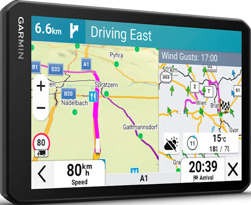 Dispositivo GPS Garmin con mappa, indicazioni stradali, velocità e meteo.