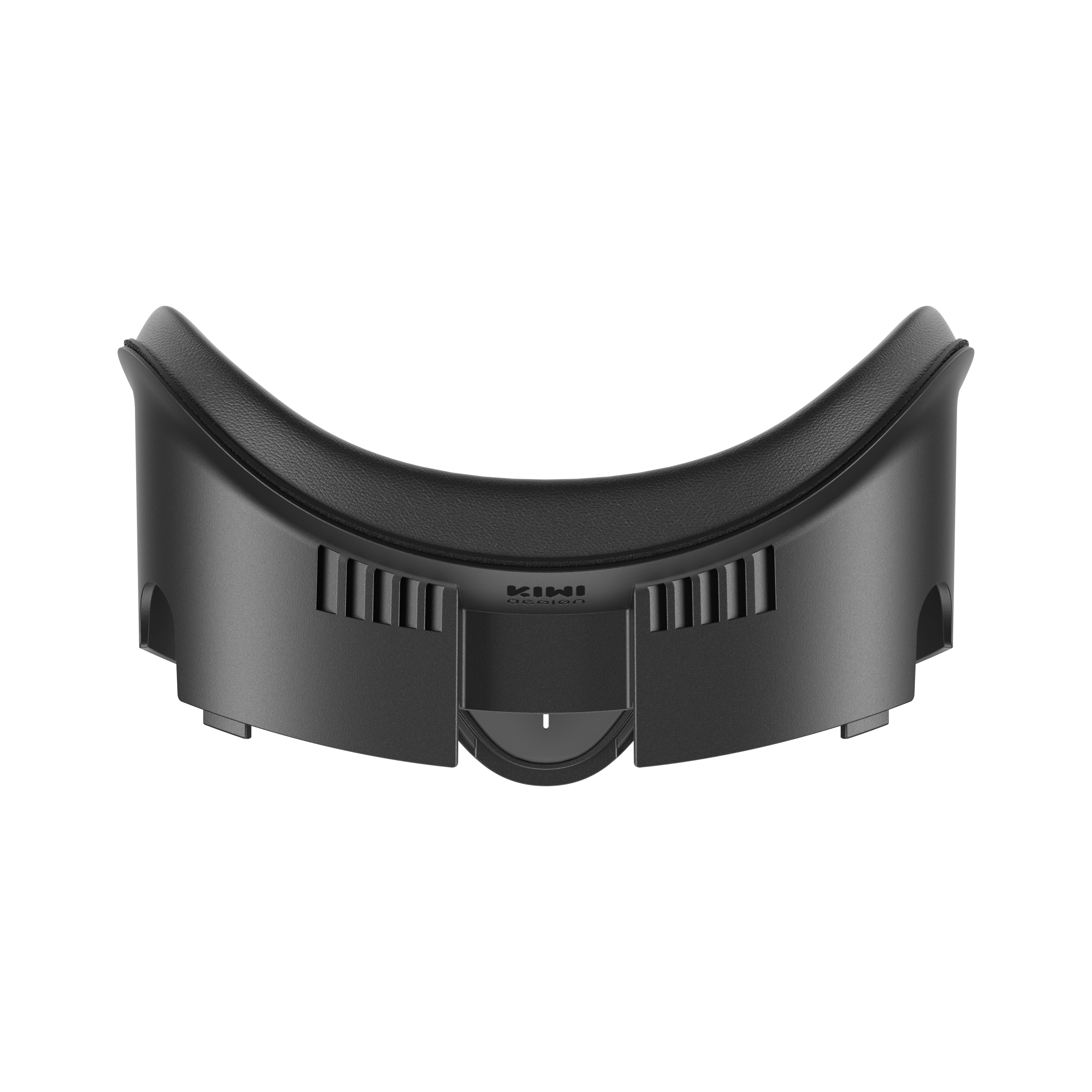 Eine schwarze VR-Headset-Gesichtsabdeckung mit Belüftungsschlitzen und dem Logo 'KIWI design'.