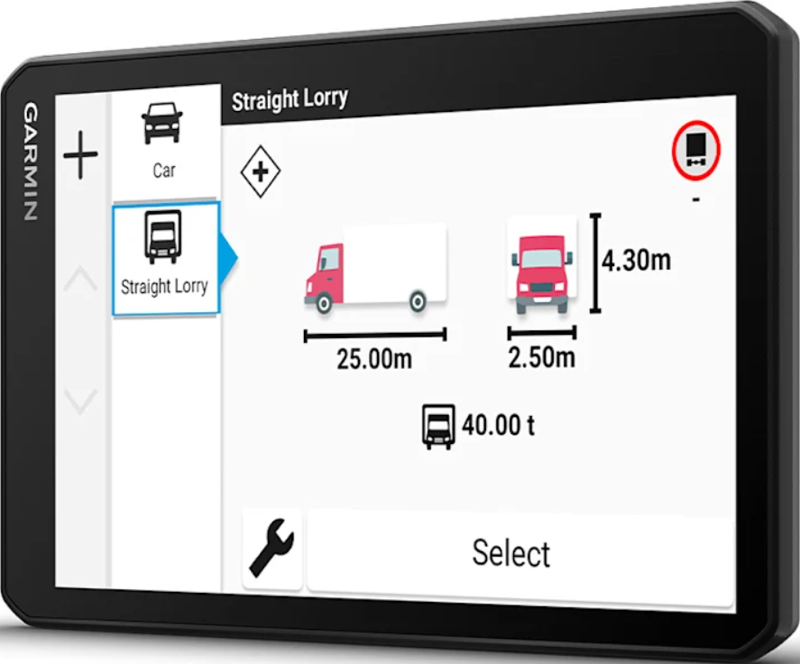 Schermo GPS Garmin con dimensioni camion su sfondo bianco.