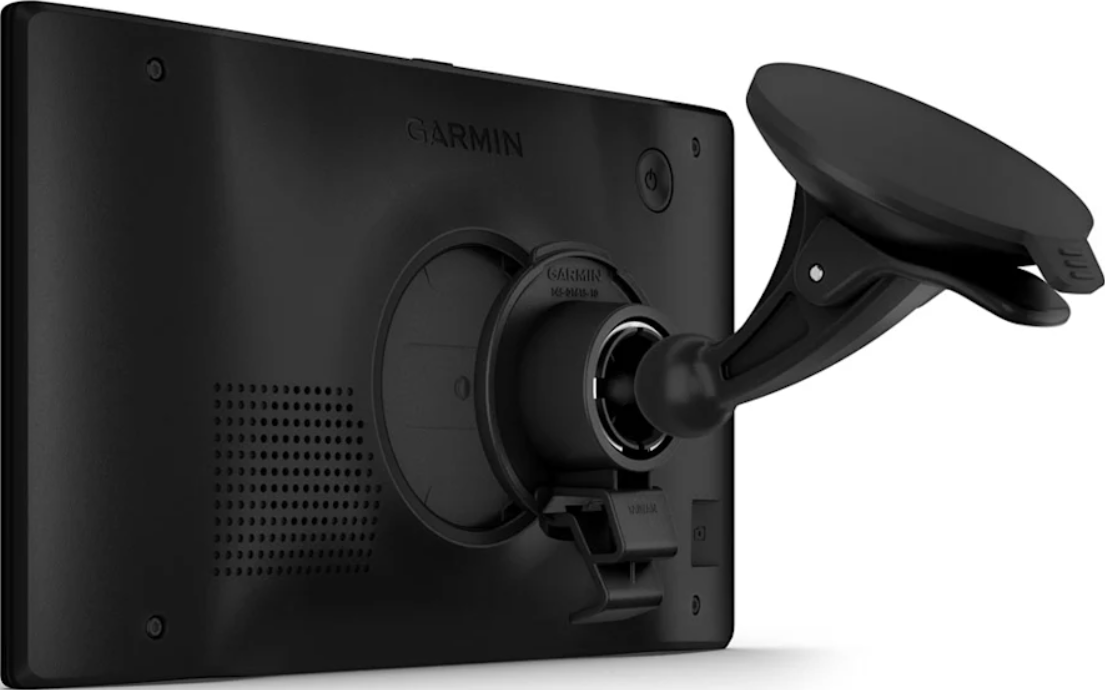 Un dispositivo Garmin nero con un supporto a ventosa. La parte posteriore del dispositivo con gli altoparlanti è visibile.