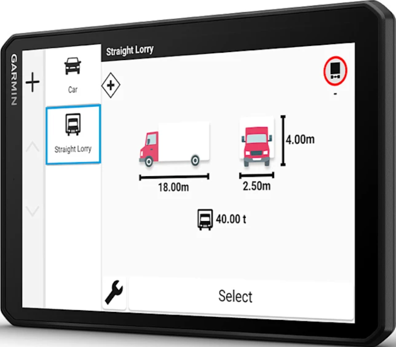 Schermo nero del dispositivo GPS Garmin. Percorso camion dritto. Sfondo bianco.