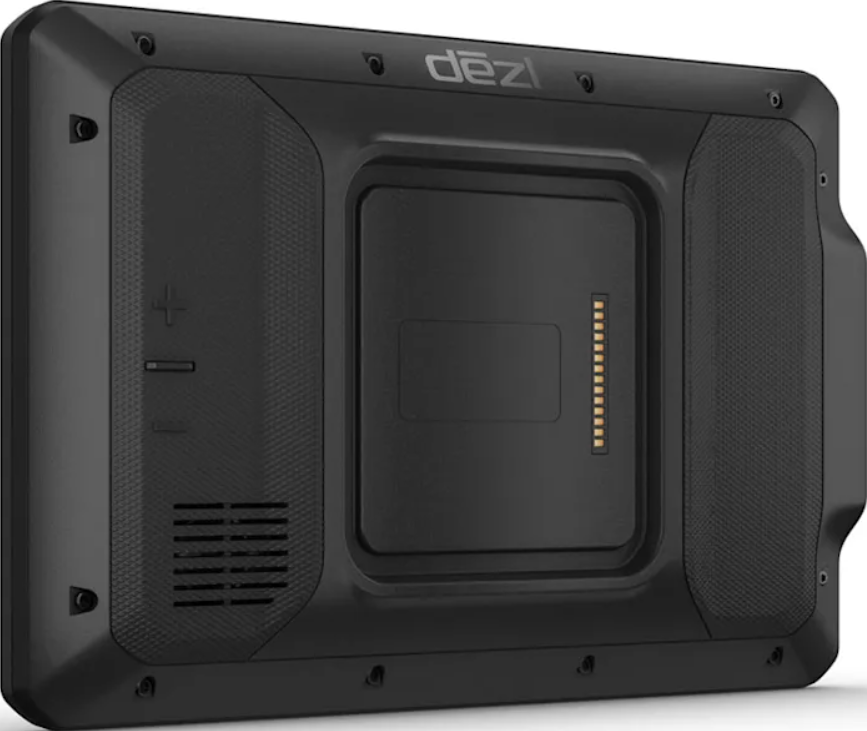Retro di tablet nero con dettagli tra cui una porta di ricarica e fori per altoparlanti.