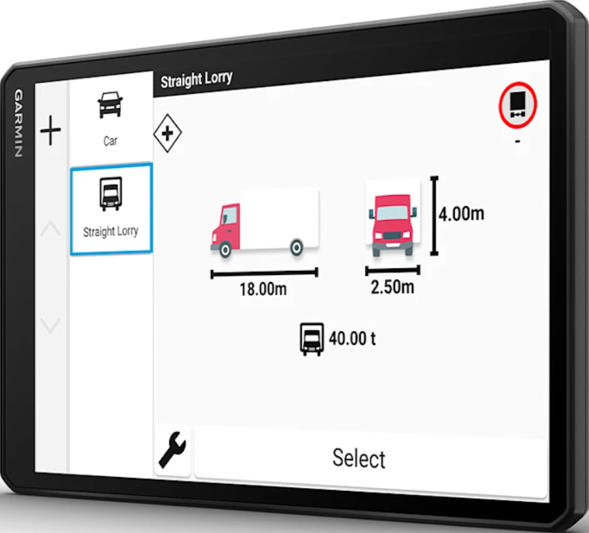 Ein Garmin Navigationsgerät mit LKW- und PKW-Auswahlbildschirm. Abmessungen sind angezeigt.