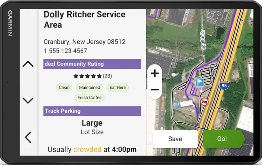 Garmin-Bildschirm mit Dolly Richer Service Area, Karte und LKW-Parkinformationen.