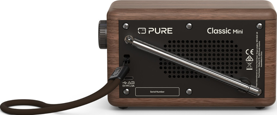 Arrière d'une radio Pure Classic Mini en bois. Antenne, entrée d'alimentation et port USB visibles.