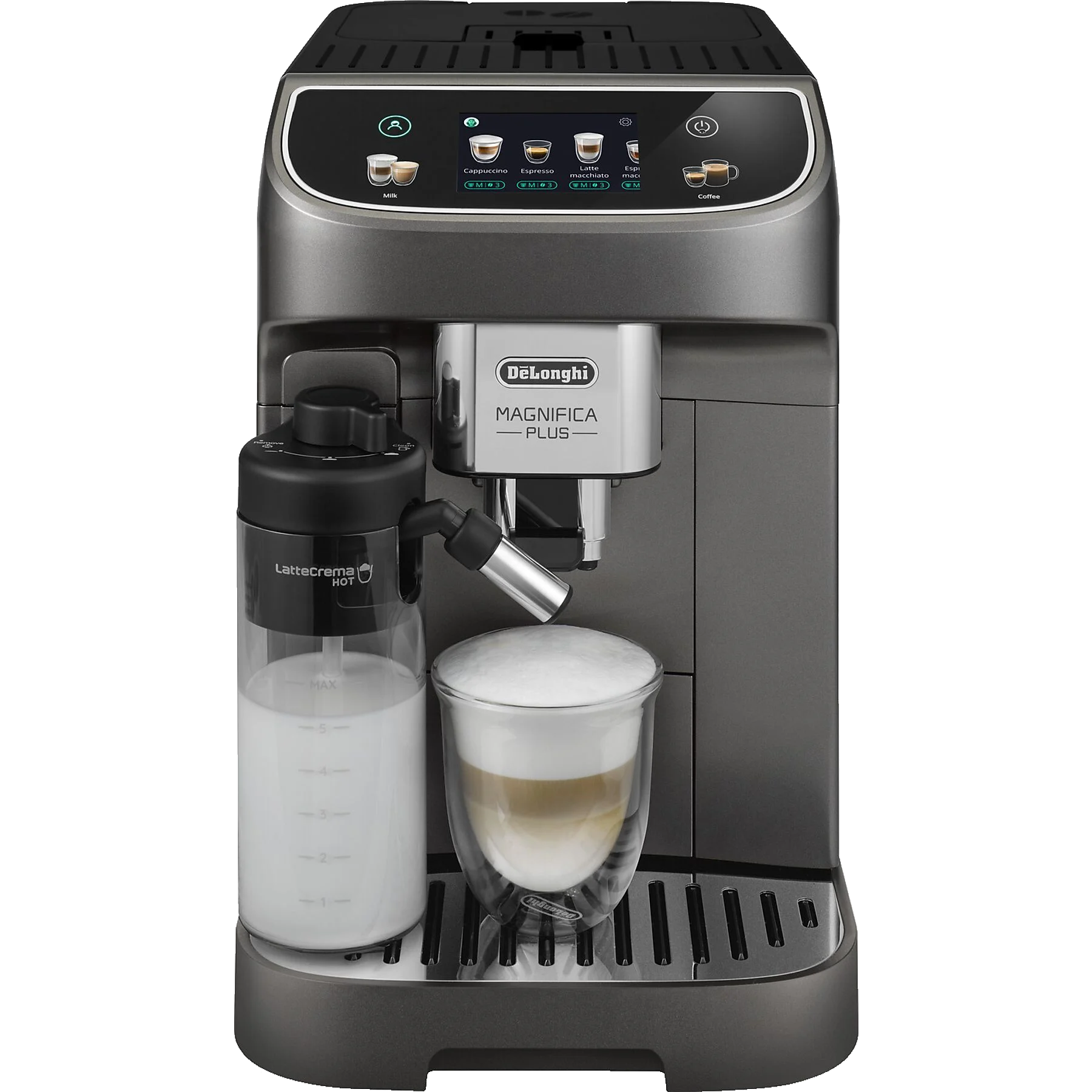 Süt kabı ve latte bardağı ile koyu gri De'Longhi Magnifica Plus espresso makinesi.