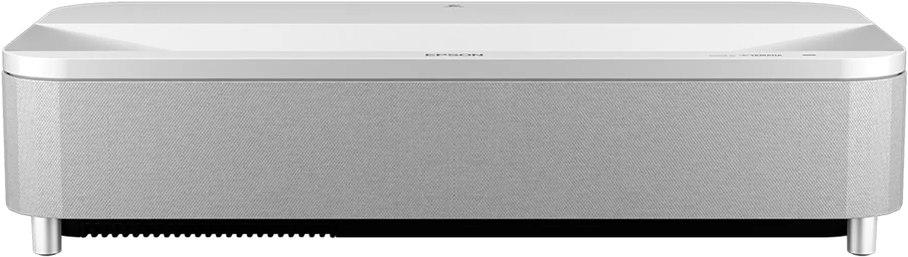 Fehér Epson projektor, ezüst szövet hangszóróval, asztalon.