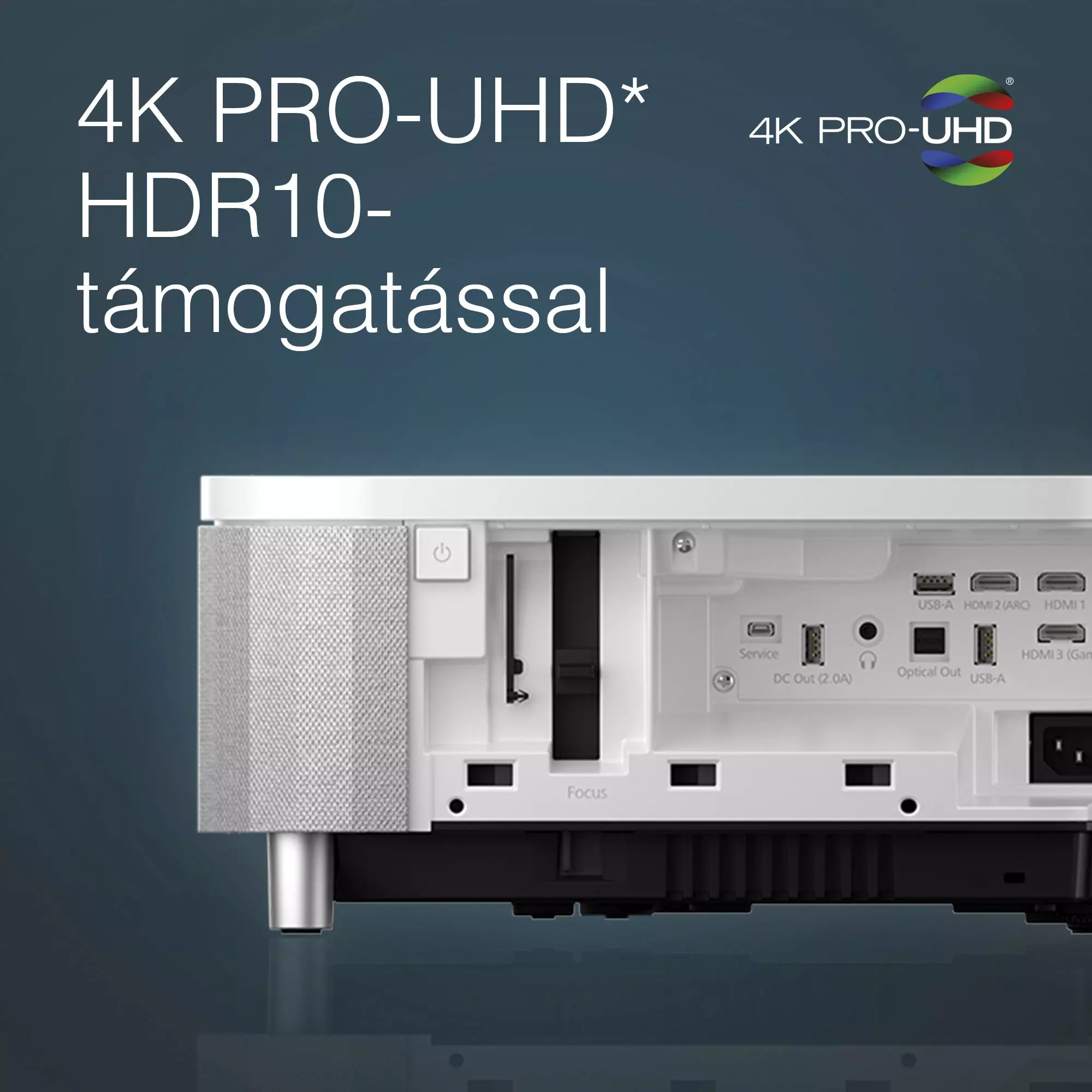 Egy projektor feliratozva. A feliratok a következők: 4K PRO-UHD, HDR10 és különböző port leírások.