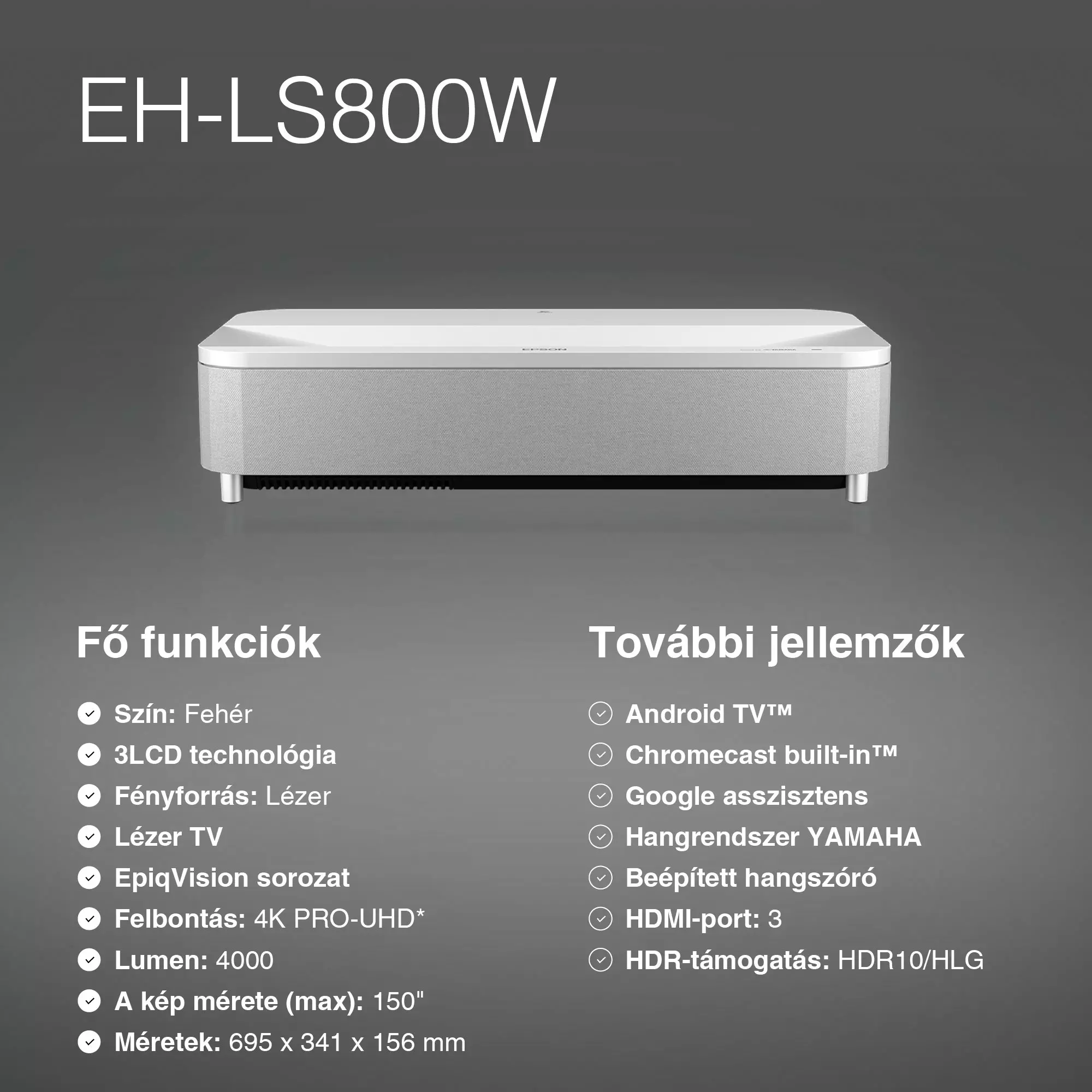 Fehér projektor specifikációkkal. A képernyő szöveget mutat. Fehér háttér.