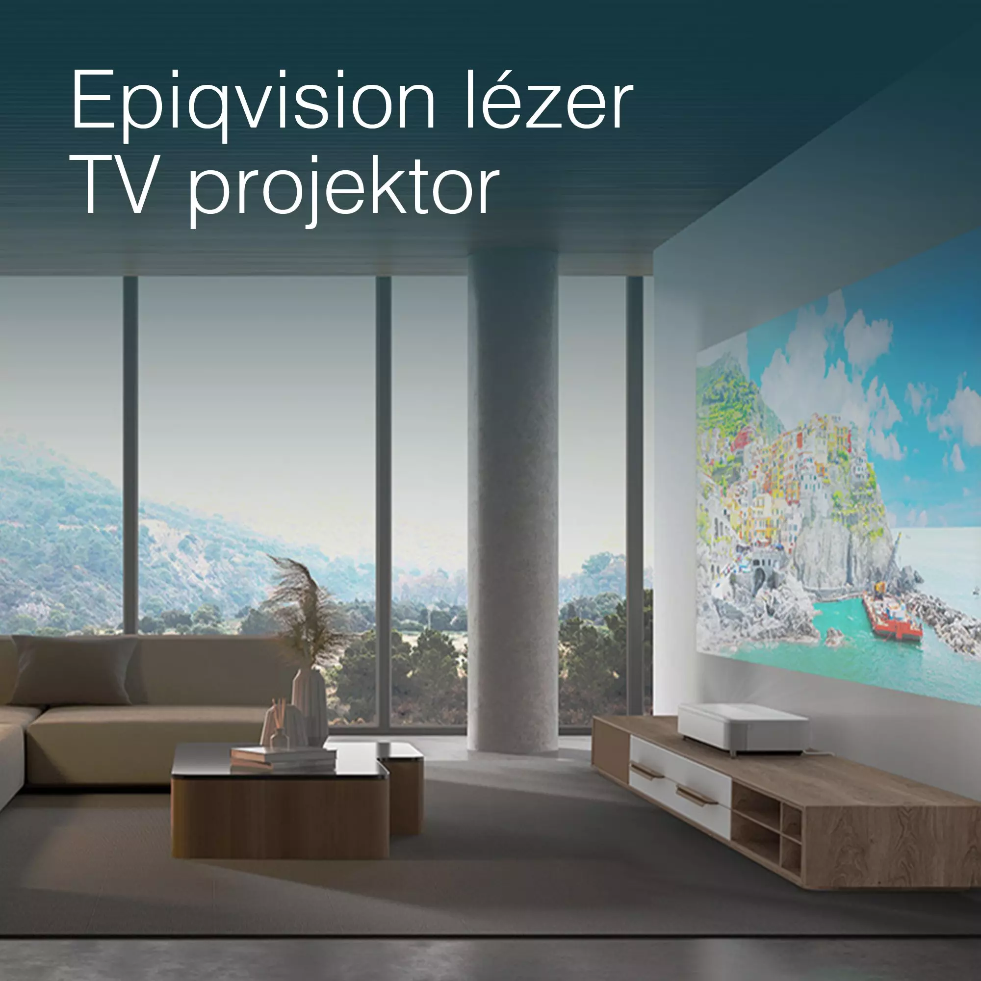 Nappali vetített képpel. Egy kanapé, dohányzóasztal és egy projektor látható a faállványon.