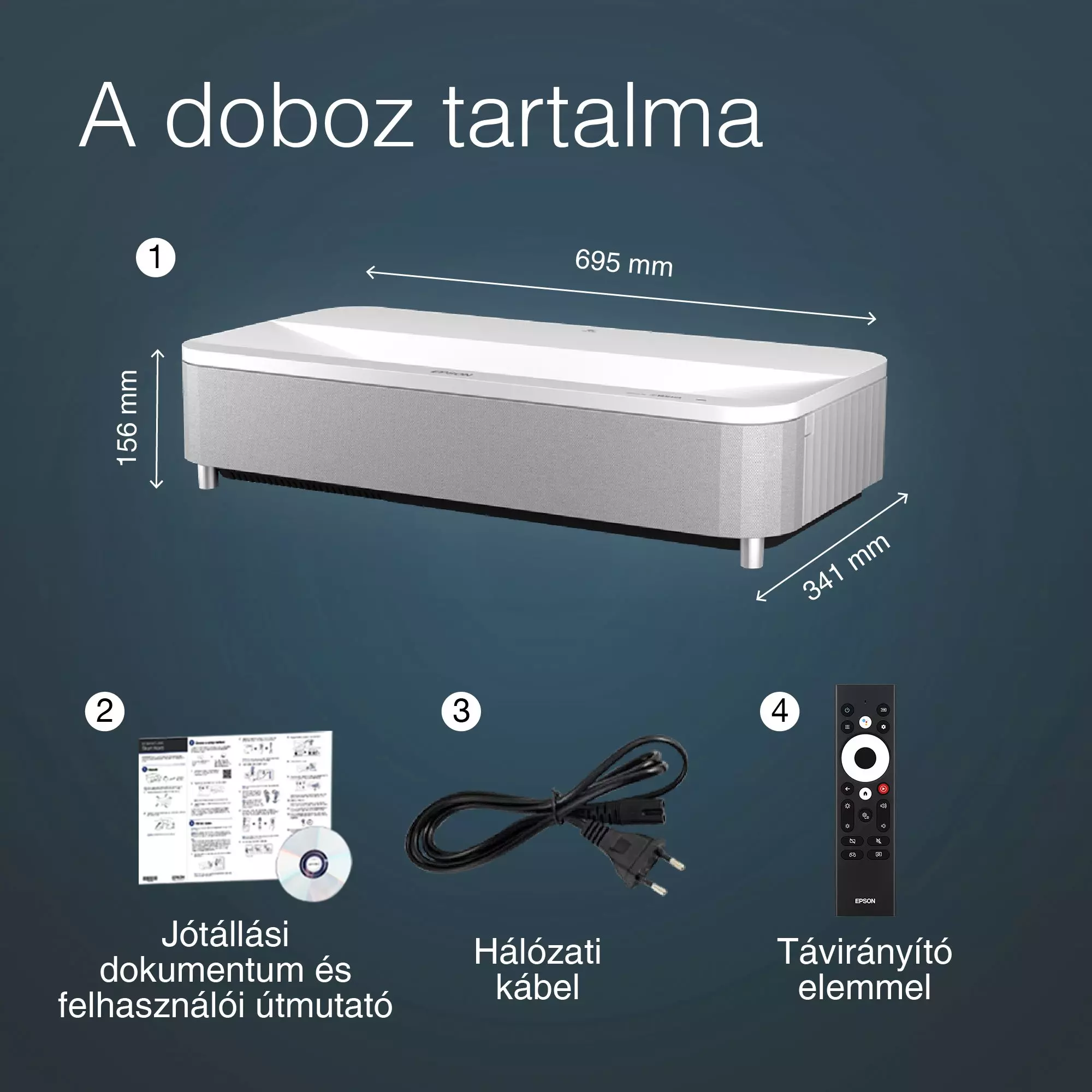Egy projektor a tartozékaival: kábel, távirányító és dokumentumok.