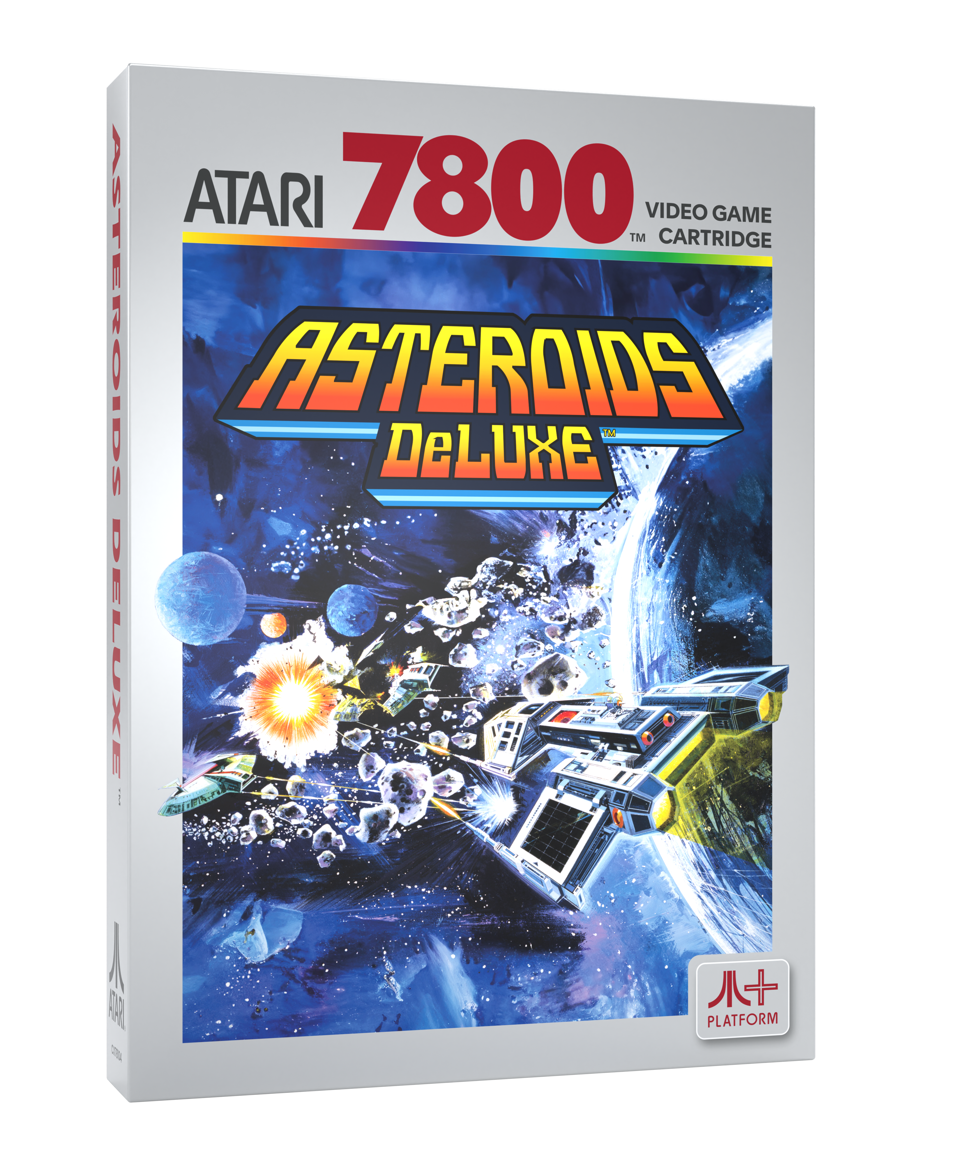 Atari 7800 Asteroids Deluxe Spielbox. Das Box-Art zeigt eine Weltraumszene.