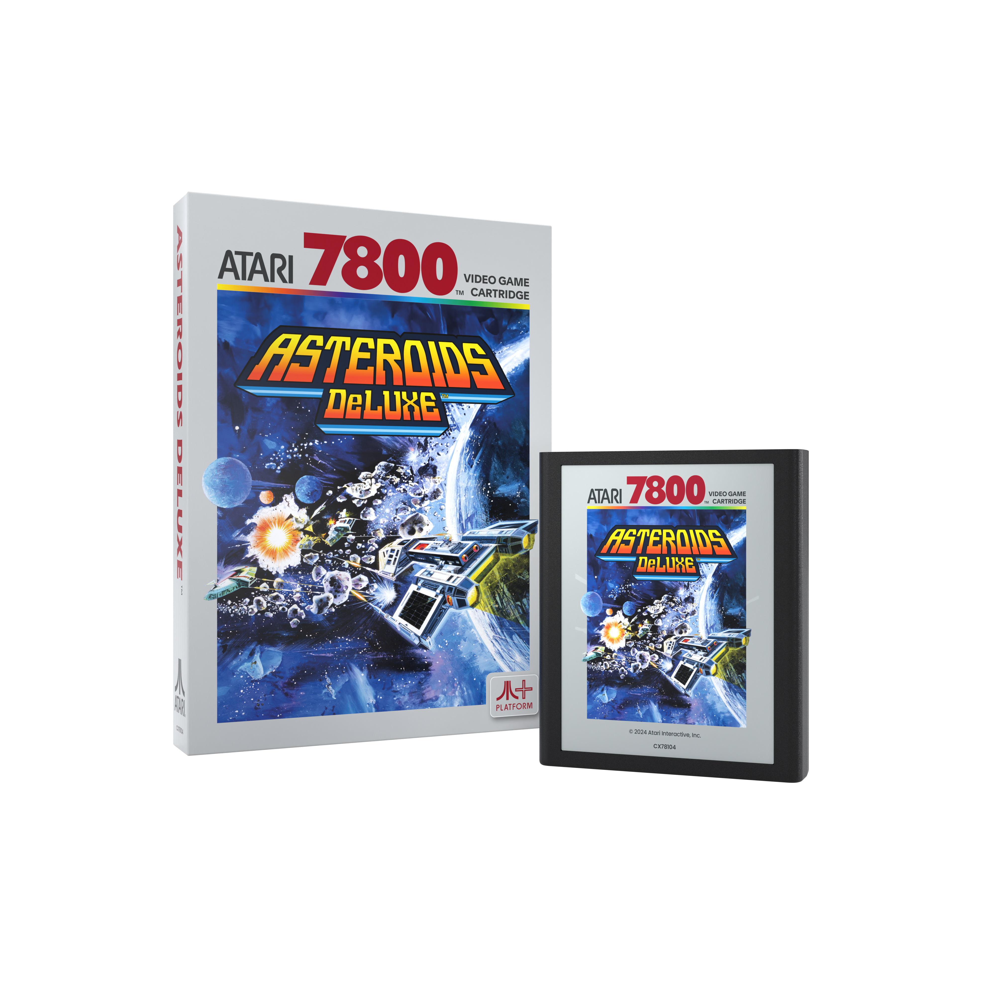 Atari 7800 Asteroids Deluxe Videospielbox und Cartridge. Zeigt Spielbox und Cartridge.