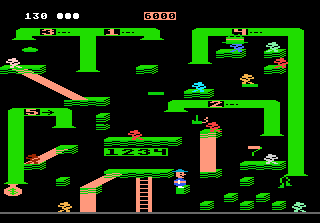 Verpixelte Videospielszenen mit grünem und rotem Plattformlayout. Charaktere auf Plattformen.