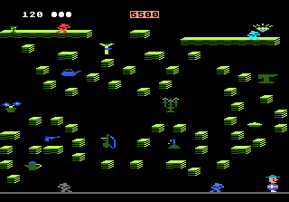 Eine pixelige Videospielszene mit einem Raster aus grünen Blöcken, Charakteren und Hindernissen.