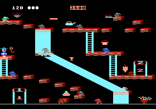 8-Bit-Videospielszene. Charaktere auf Plattformen, Leitern und einem großen Wasserstrahl.