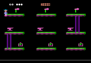 Retro-Arcade-Spielbildschirm. Ein Mann klettert Leitern auf Plattformen hinauf.