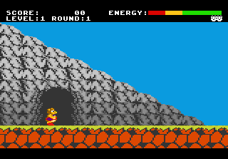 Eine Retro-Videospielszene mit einer Höhle, einem Charakter und Spielinfo.
