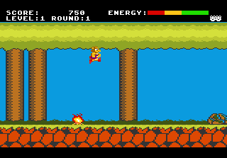 Eine Retro-Videospielszene mit einem pixeligen Charakter, der springt. Der Hintergrund ist blau und grün.