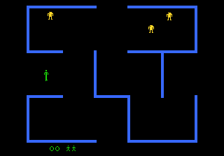 Verpixeltes Labyrinthspiel mit grünen und gelben Figuren.
