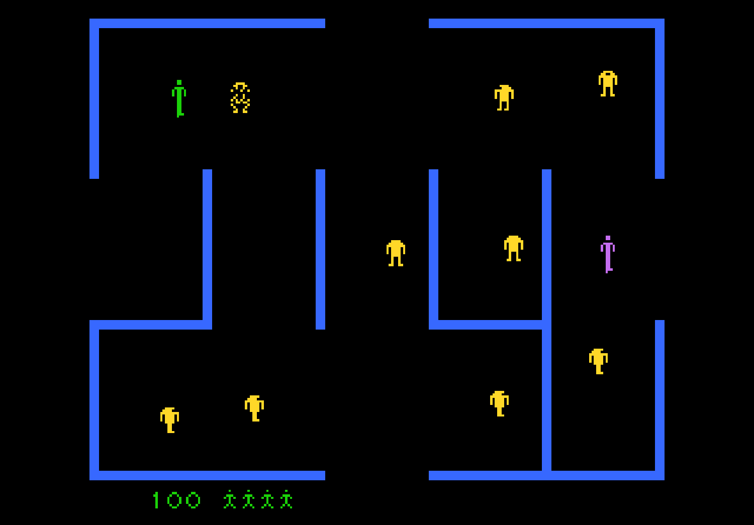 8-Bit-Labyrinthspiel mit grünen, gelben und pinkfarbenen Figuren und blauen Wänden.
