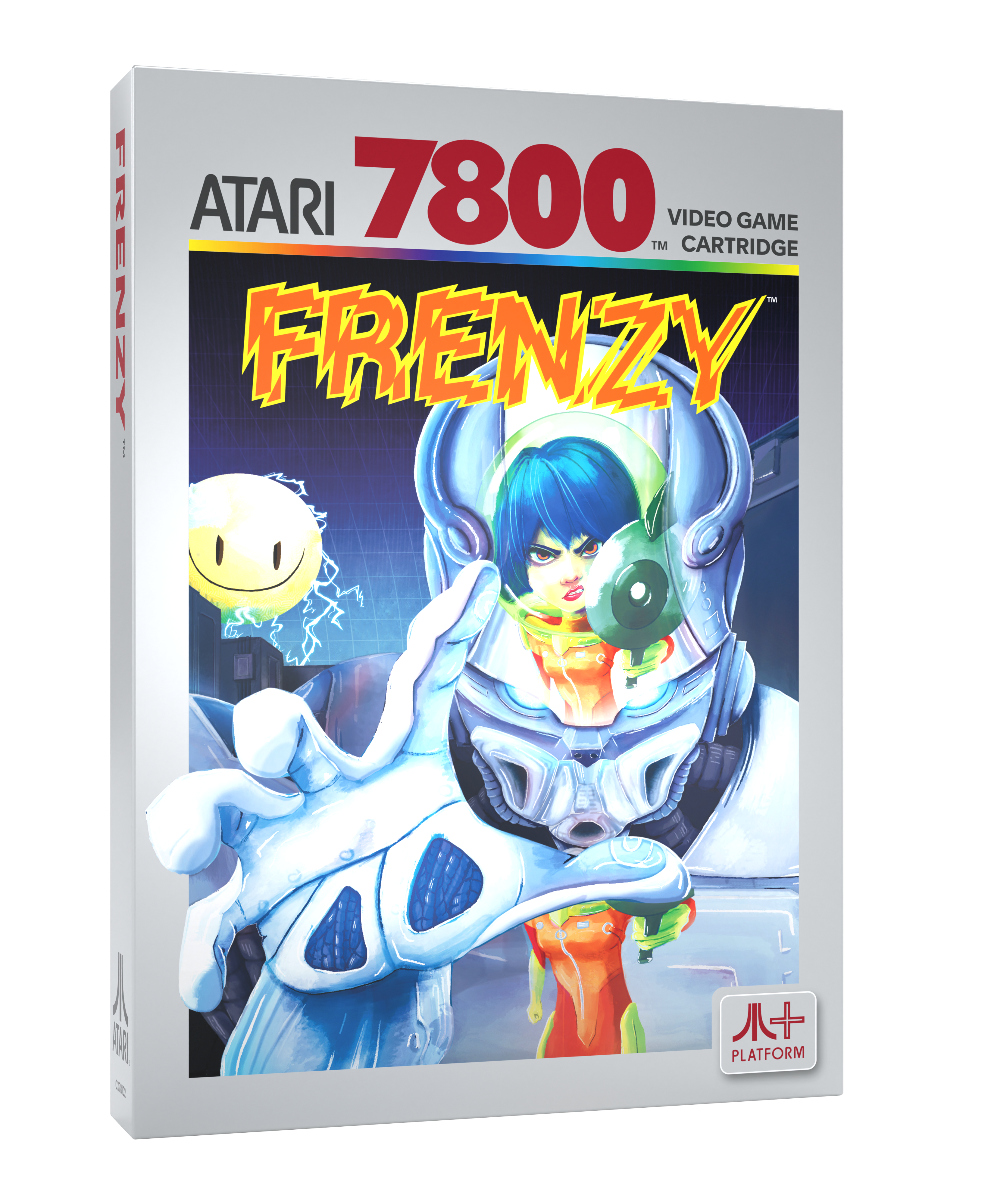Atari 7800 Spielkassette-Box, mit futuristischem Spielcover mit weiblicher Figur.